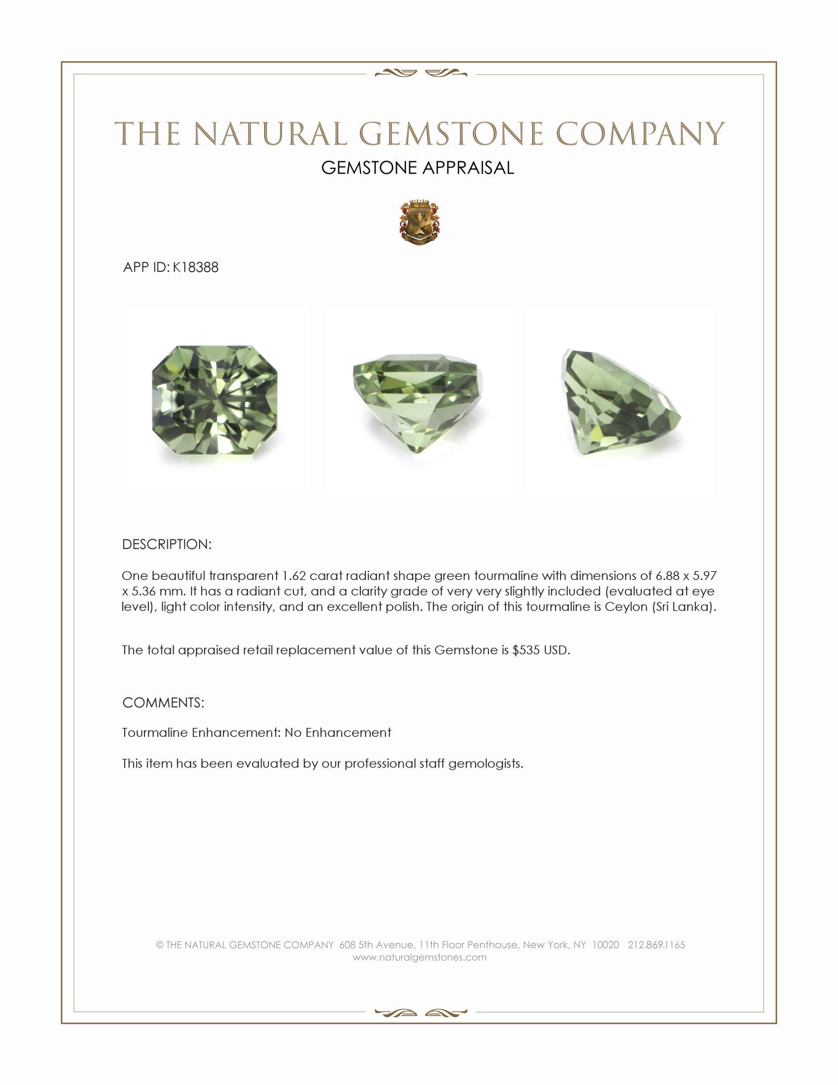 1.62 Ct. Green Tourmaline from Ceylon (Sri Lanka)