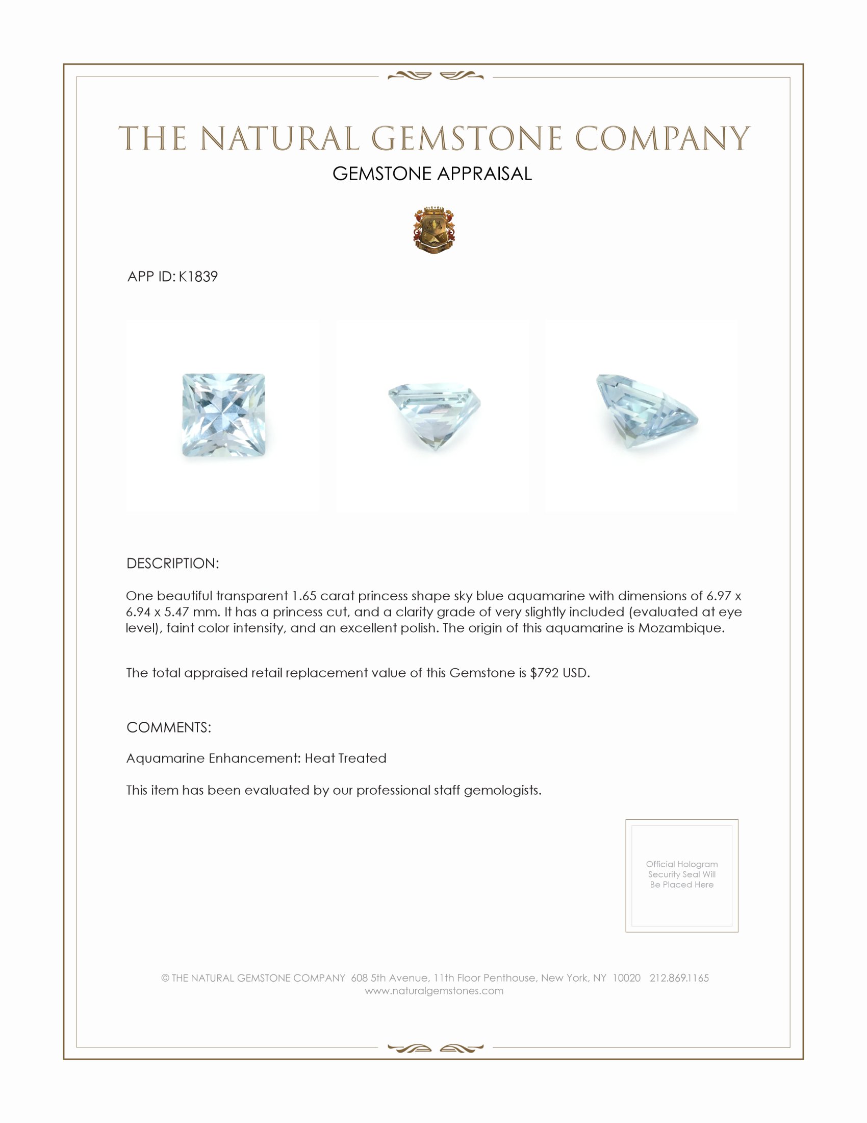 1.65 Ct. Aquamarine from Mozambique