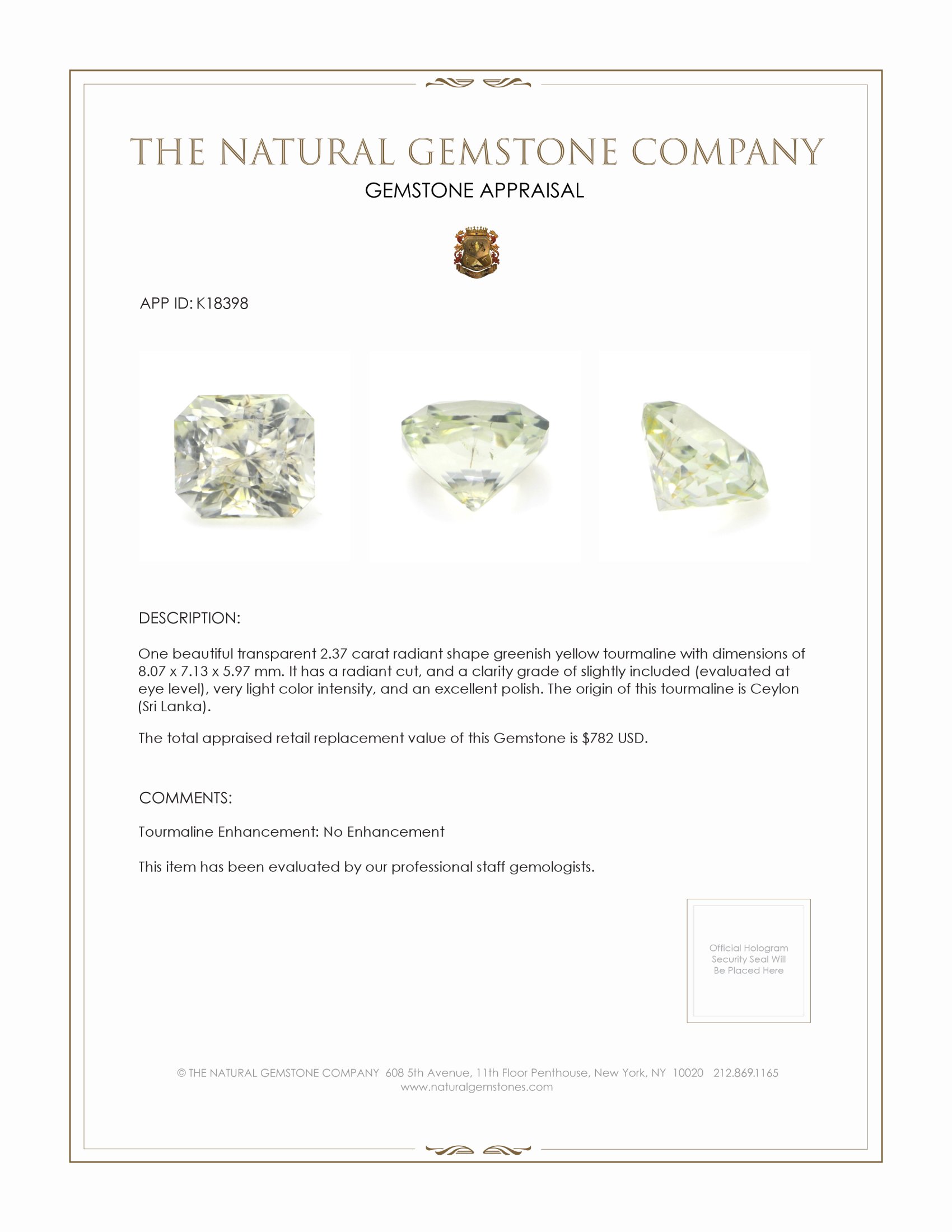 2.37 Ct. Greenish Yellow Tourmaline from Ceylon (Sri Lanka)