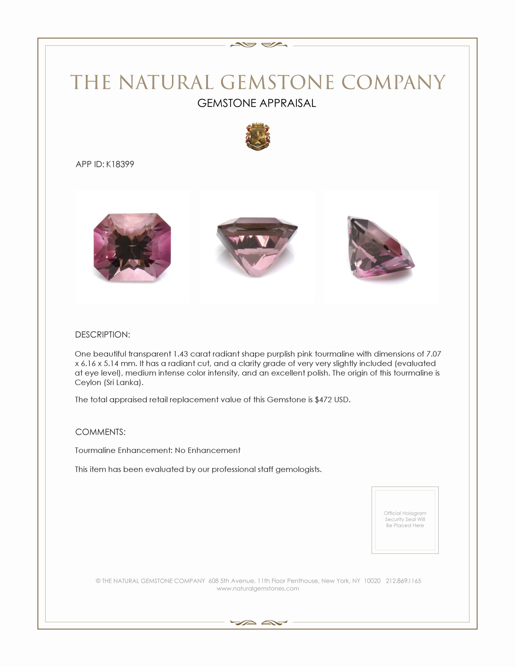 1.43 Ct. Purplish Pink Tourmaline from Ceylon (Sri Lanka)