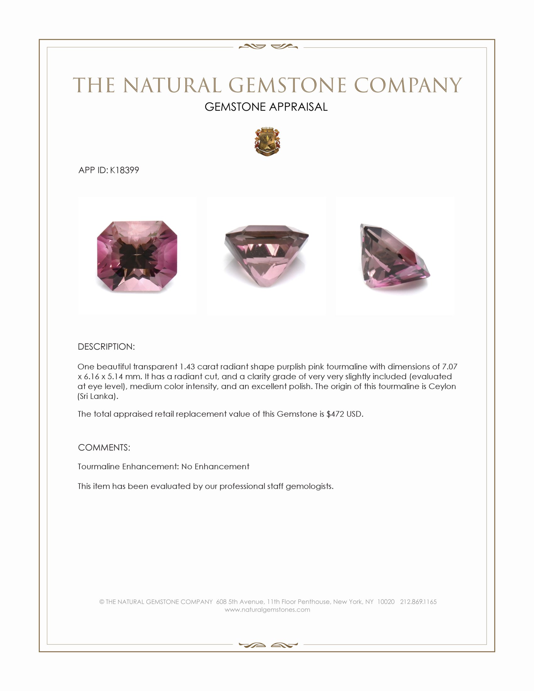 1.43 Ct. Tourmaline from Ceylon (Sri Lanka)