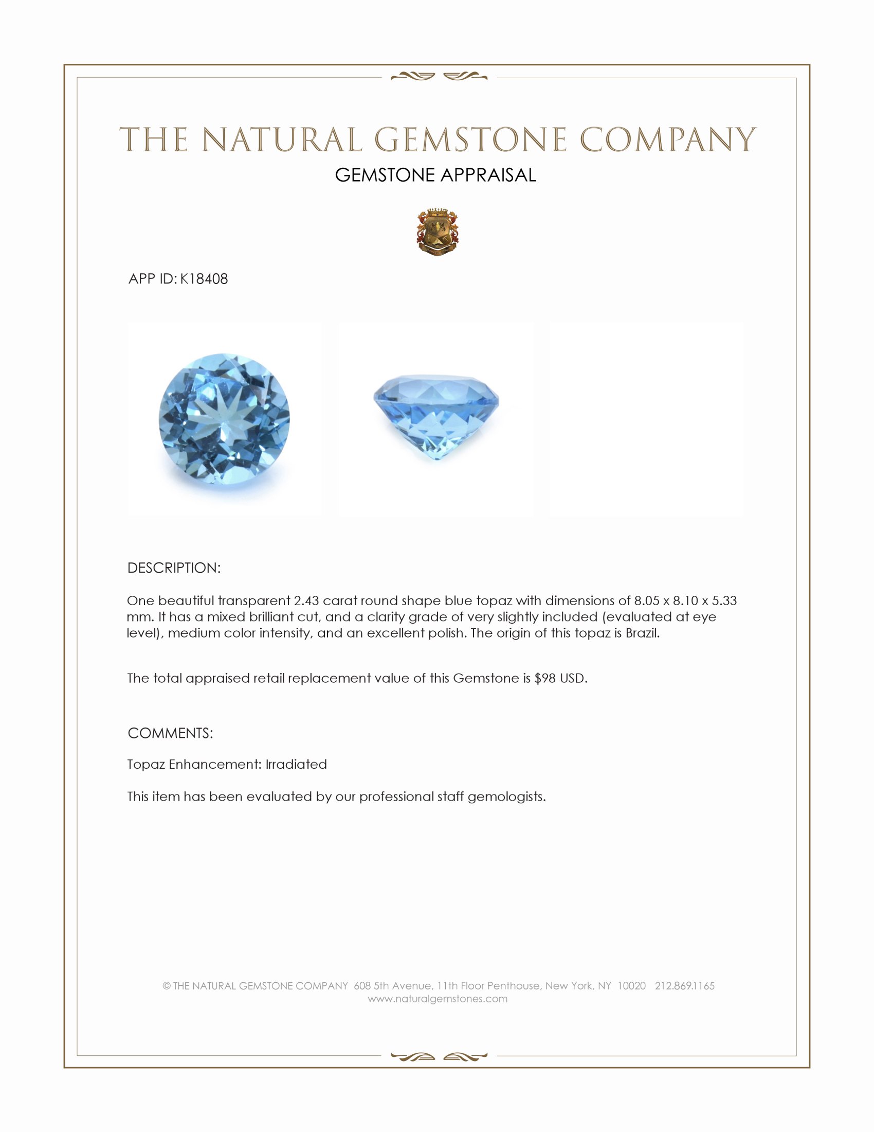 2.43 Ct. Blue Topaz from Brazil