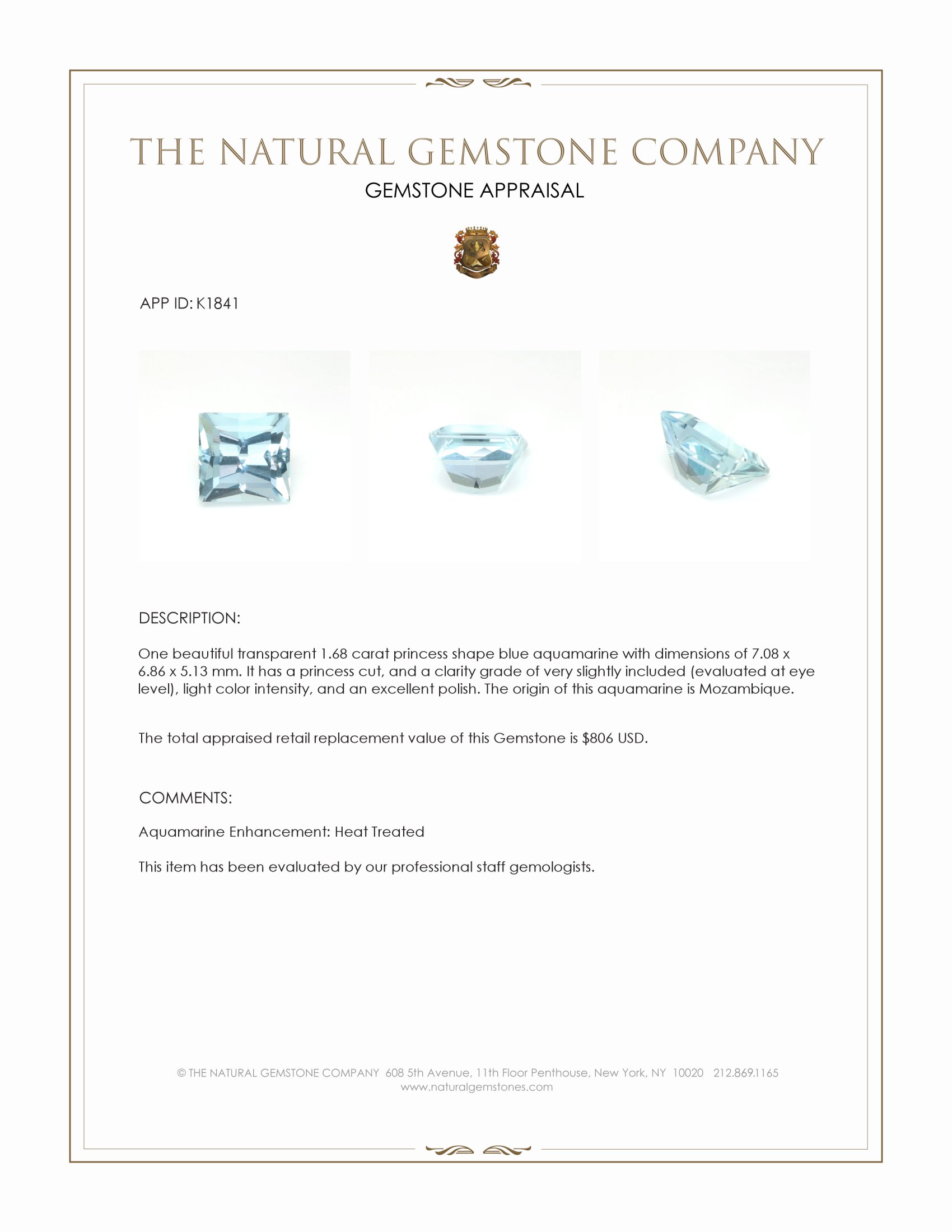 1.68 Ct. Blue Aquamarine from Mozambique