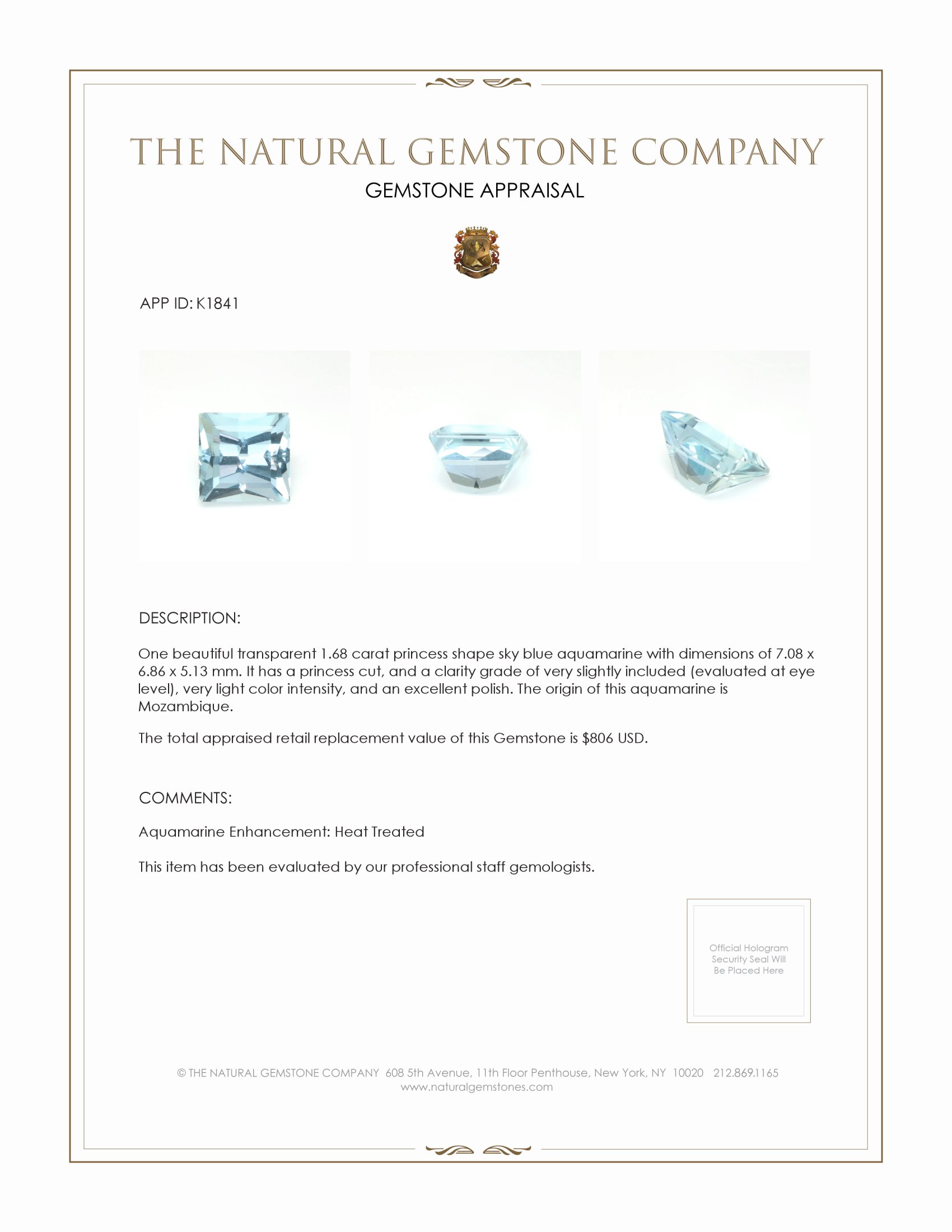 1.68 Ct. Aquamarine from Mozambique