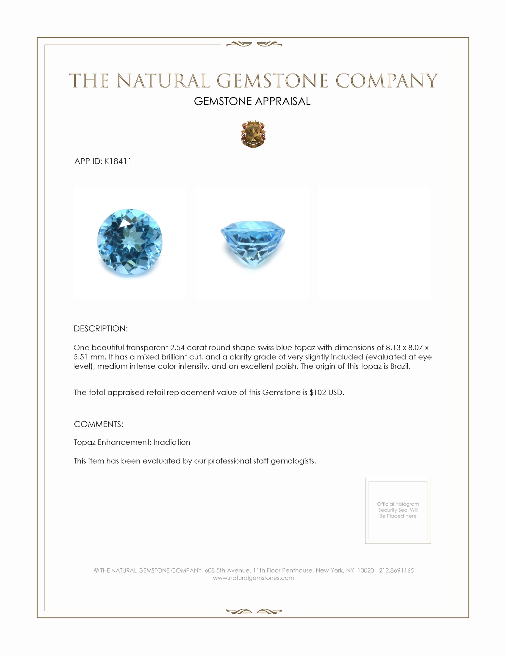 2.54 Ct. Swiss Blue Topaz from Brazil