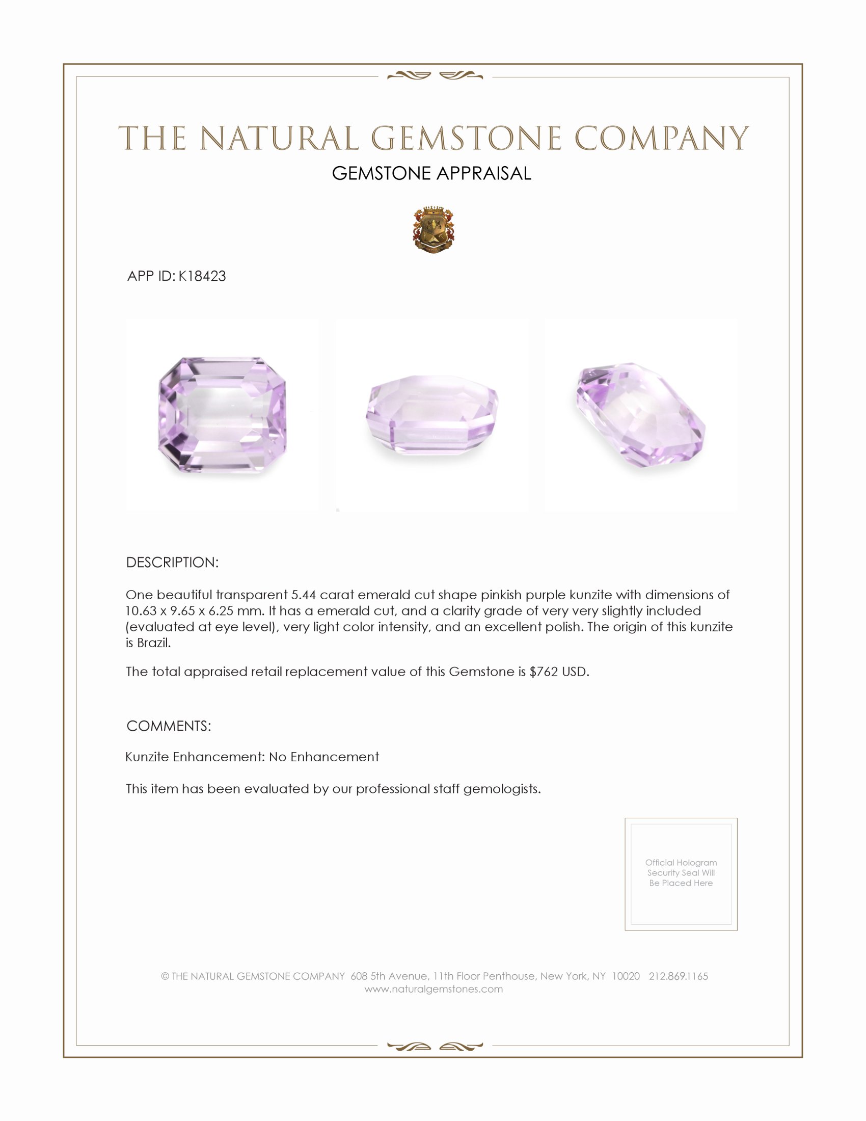 5.44 Ct. Pinkish Purple Kunzite from Brazil