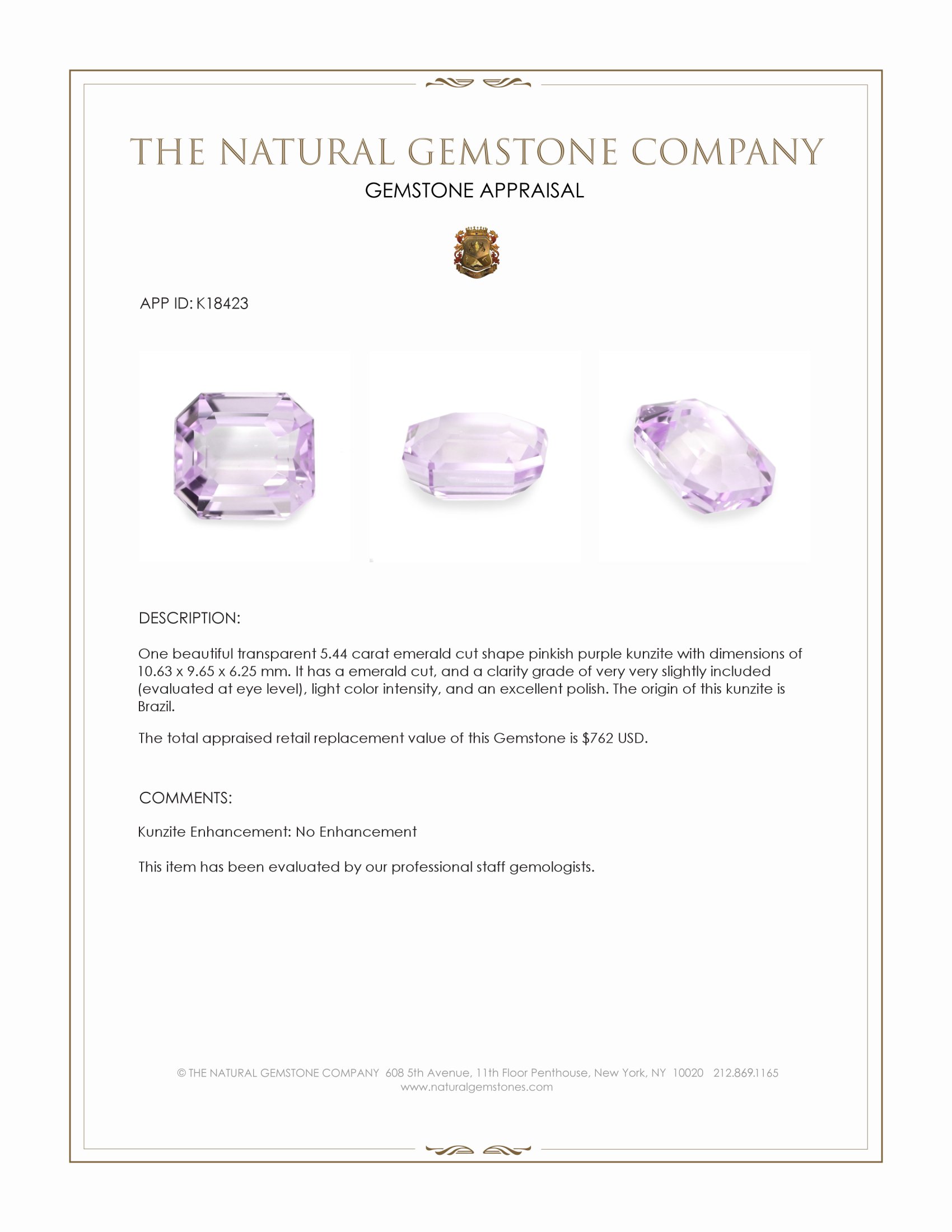 5.44 Ct. Kunzite from Brazil