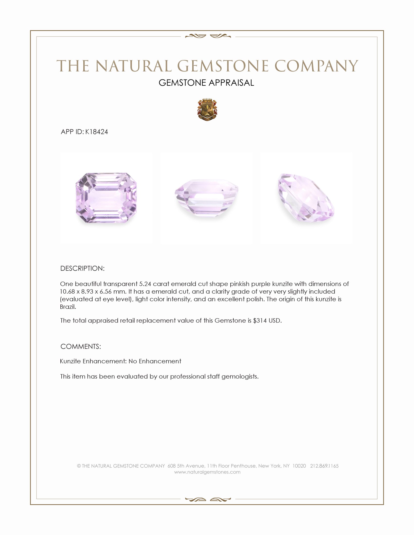 5.24 Ct. Kunzite from Brazil