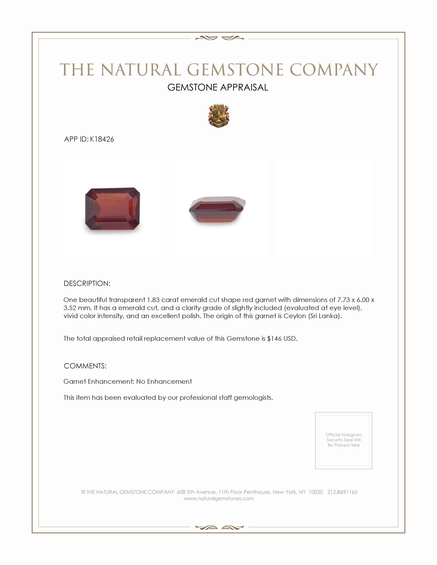 1.83 Ct. Red Garnet from Ceylon (Sri Lanka)