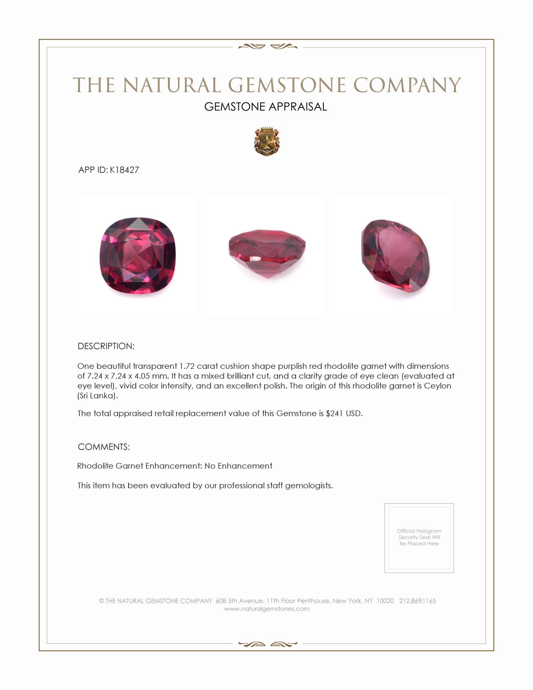1.72 Ct. Rhodolite Garnet from Ceylon (Sri Lanka)