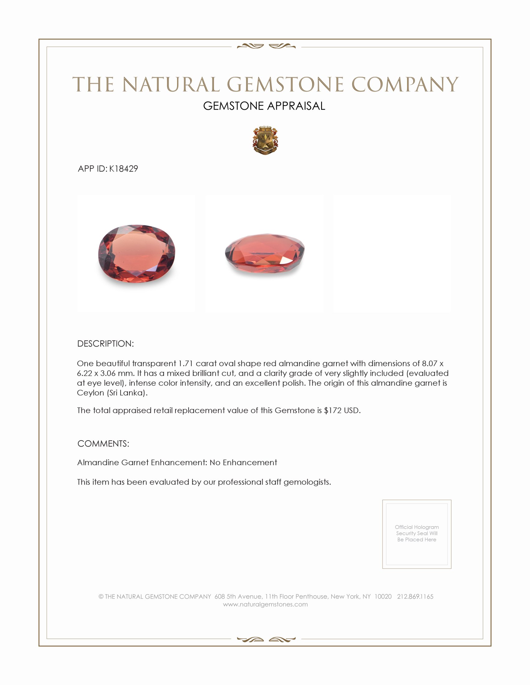 1.71 Ct. Red Almandine Garnet from Ceylon (Sri Lanka)