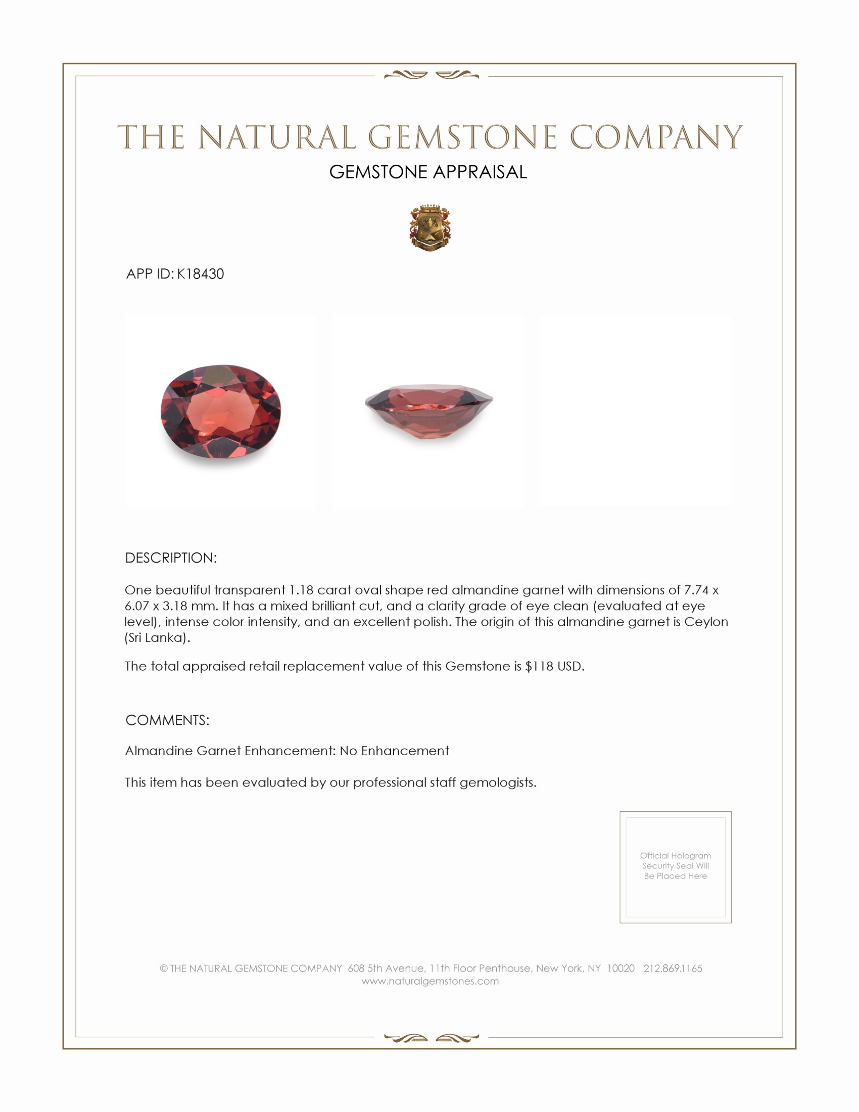 1.18 Ct. Red Almandine Garnet from Ceylon (Sri Lanka)