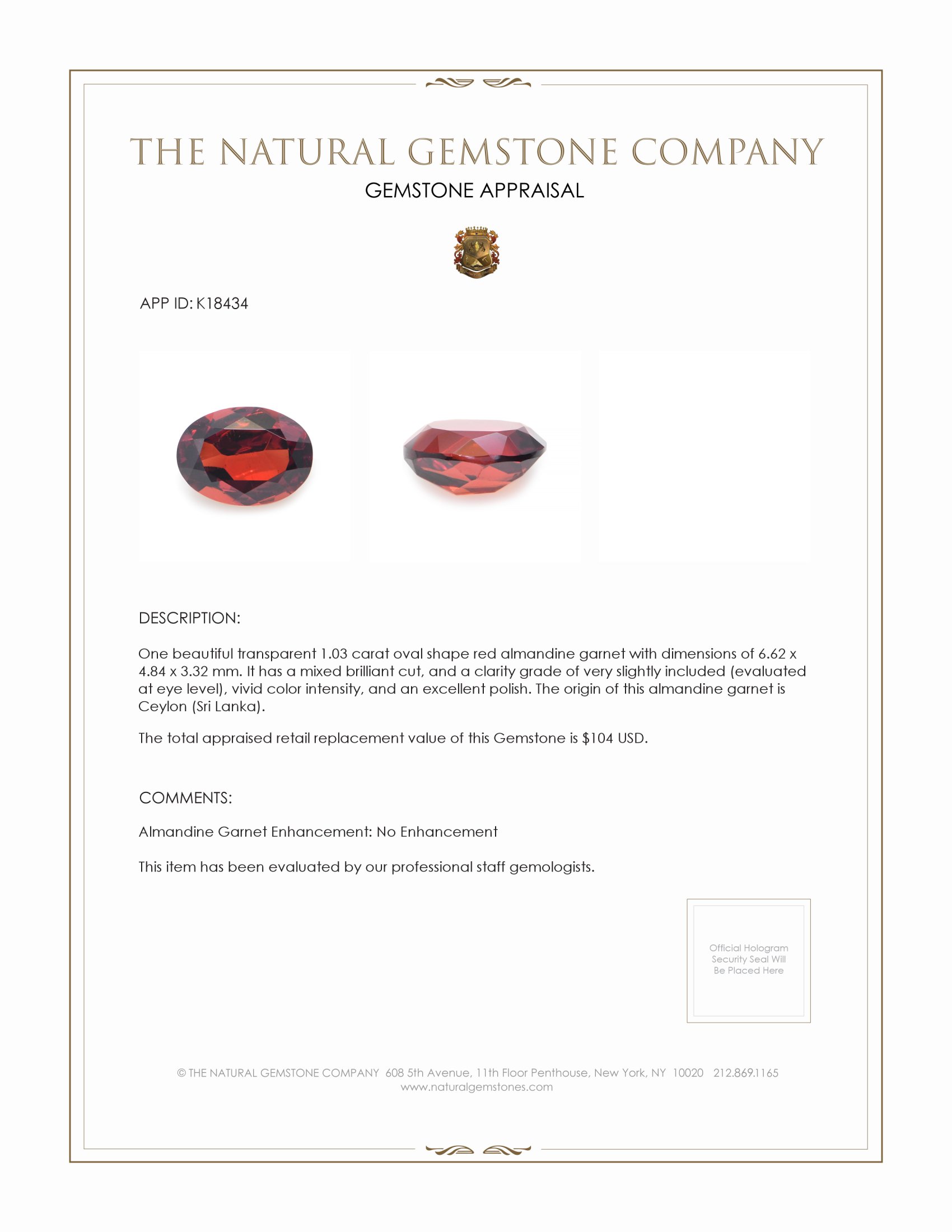 1.03 Ct. Almandine Garnet from Ceylon (Sri Lanka)