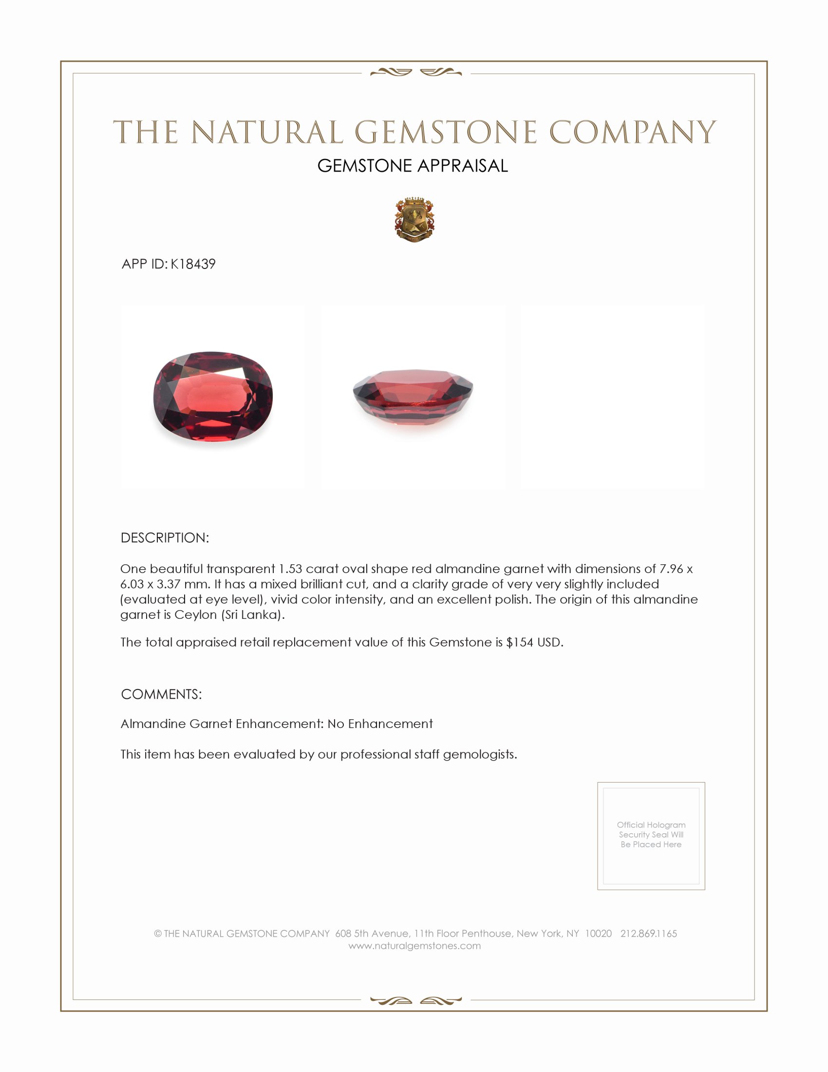 1.53 Ct. Almandine Garnet from Ceylon (Sri Lanka)