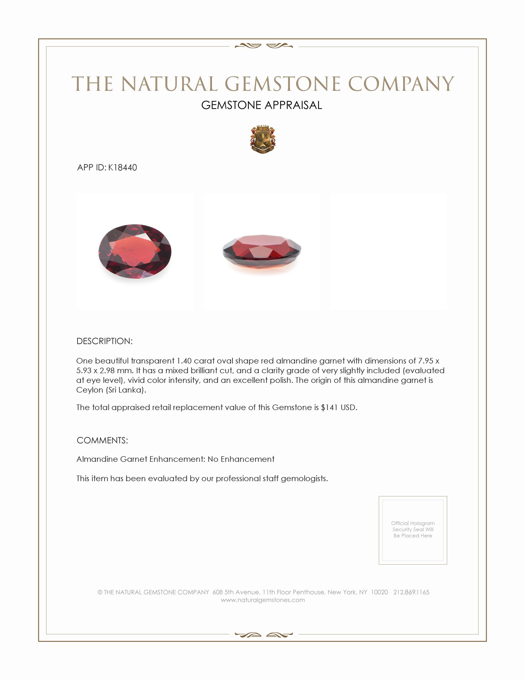 1.40 Ct. Almandine Garnet from Ceylon (Sri Lanka)