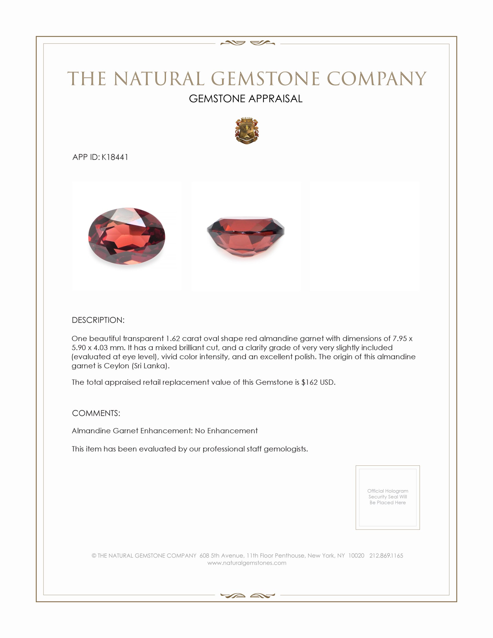 1.62 Ct. Almandine Garnet from Ceylon (Sri Lanka)