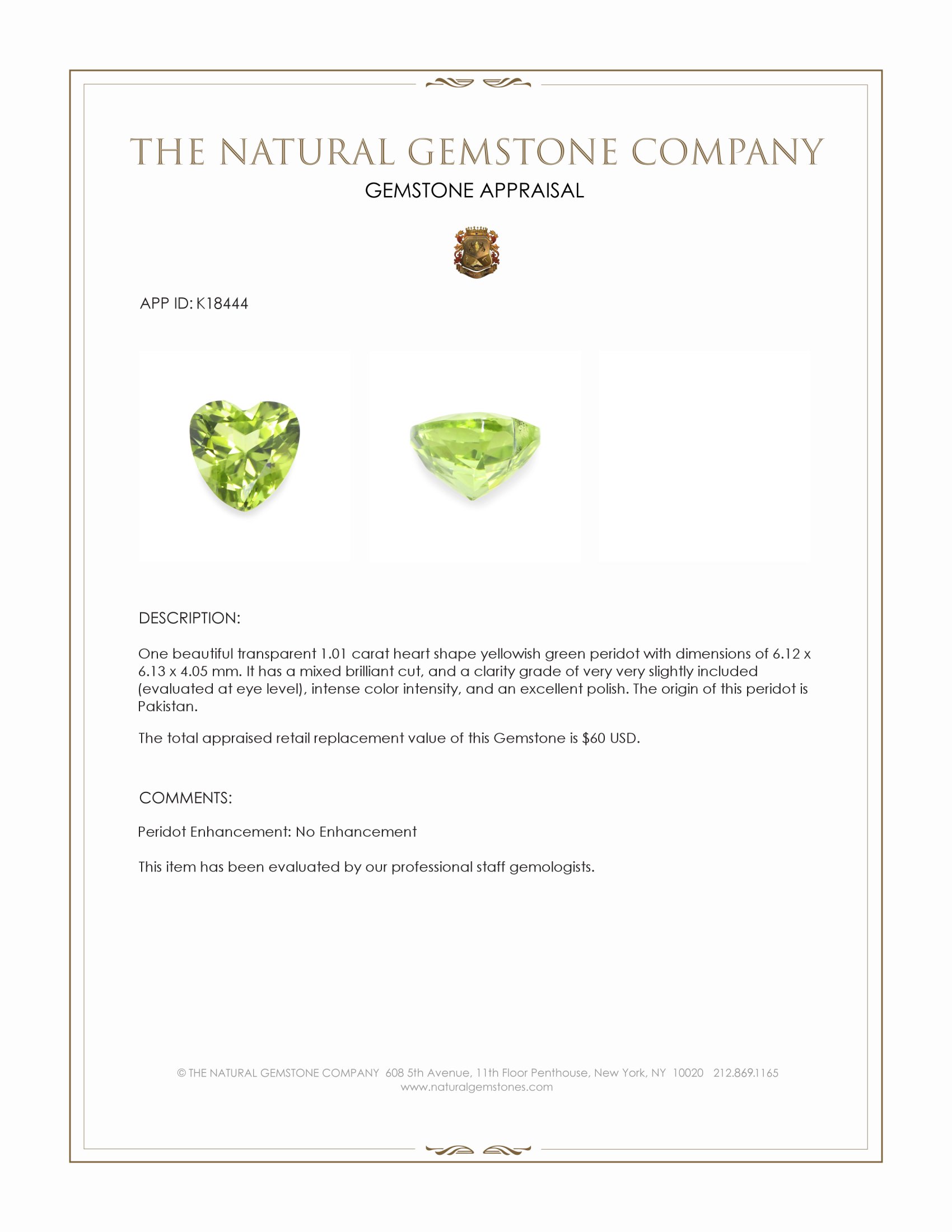 1.01 Ct. Yellowish Green Peridot from Pakistan