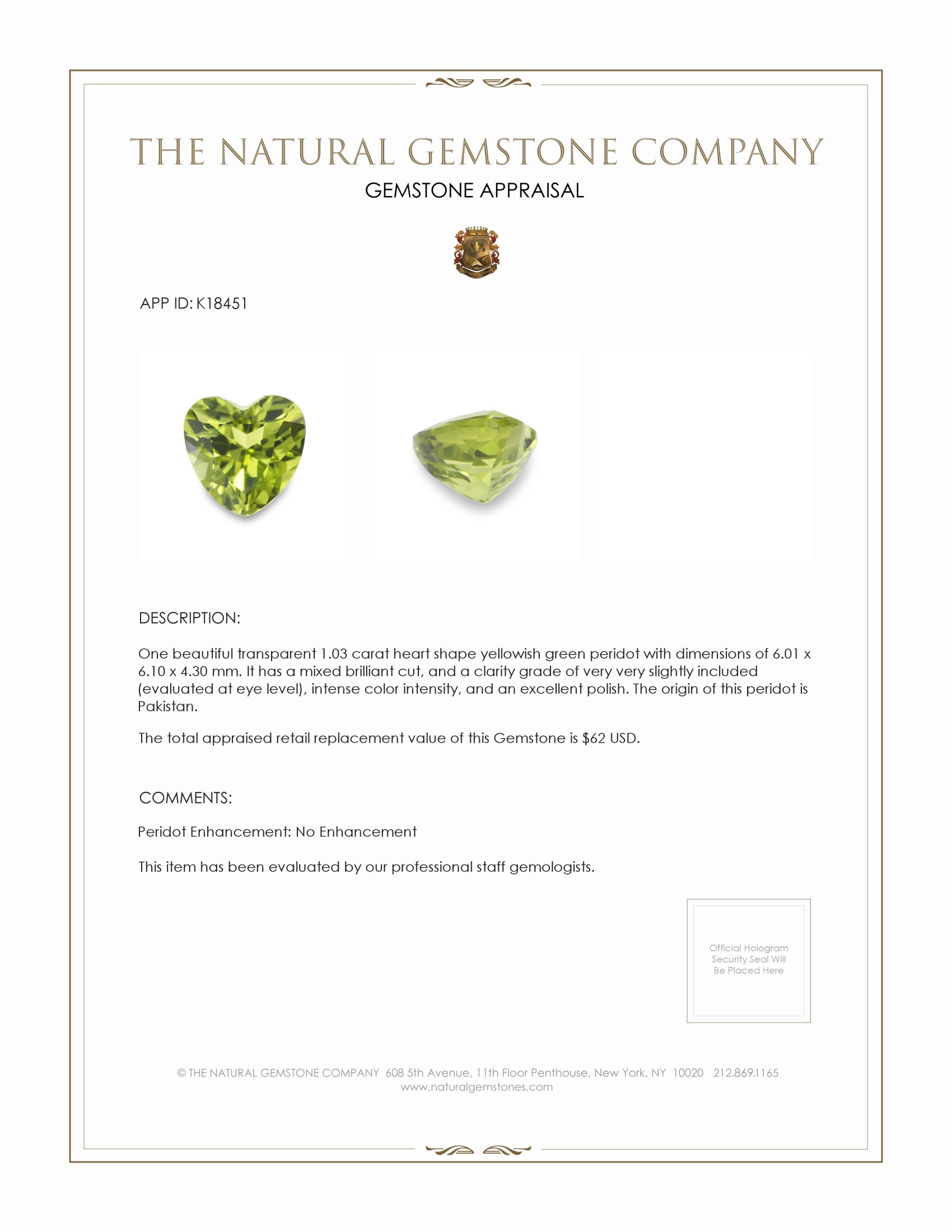 1.03 Ct. Yellowish Green Peridot from Pakistan