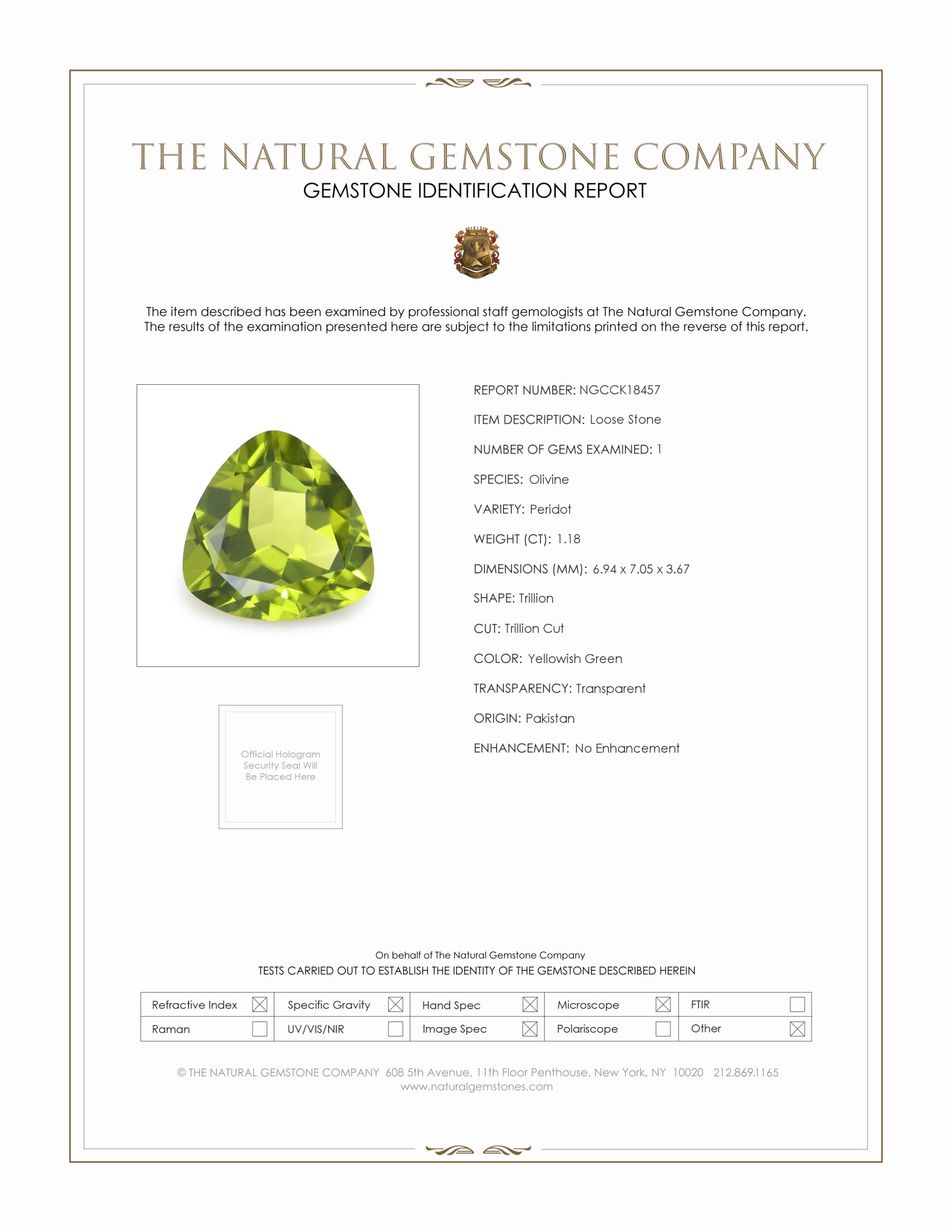 1.18 Ct. Yellowish Green Peridot from Pakistan
