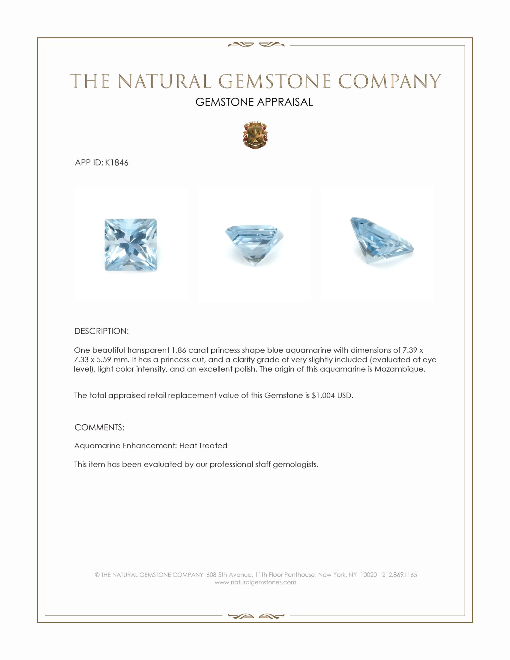 1.86 Ct. Blue Aquamarine from Mozambique