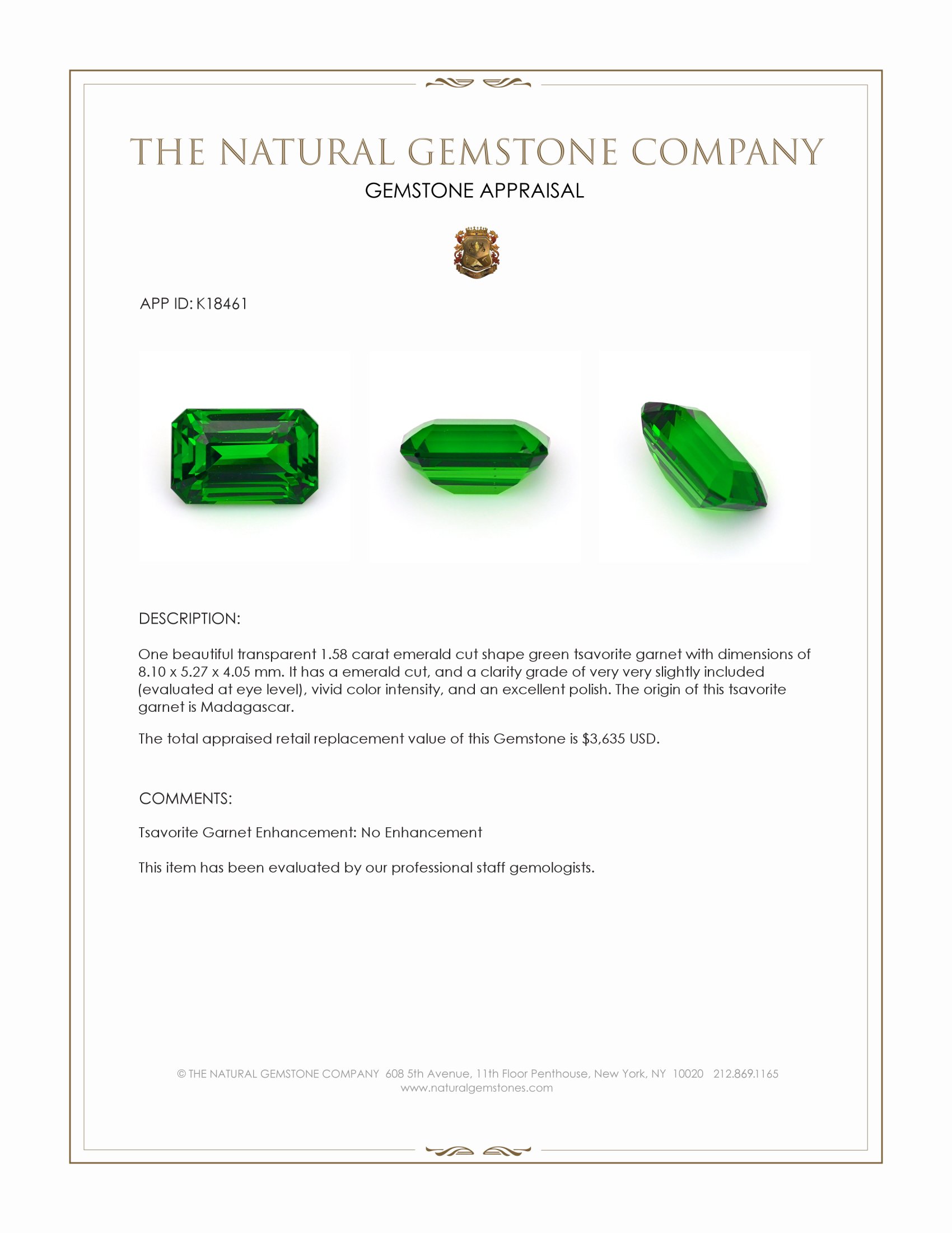1.58 Ct. Tsavorite Garnet from Madagascar