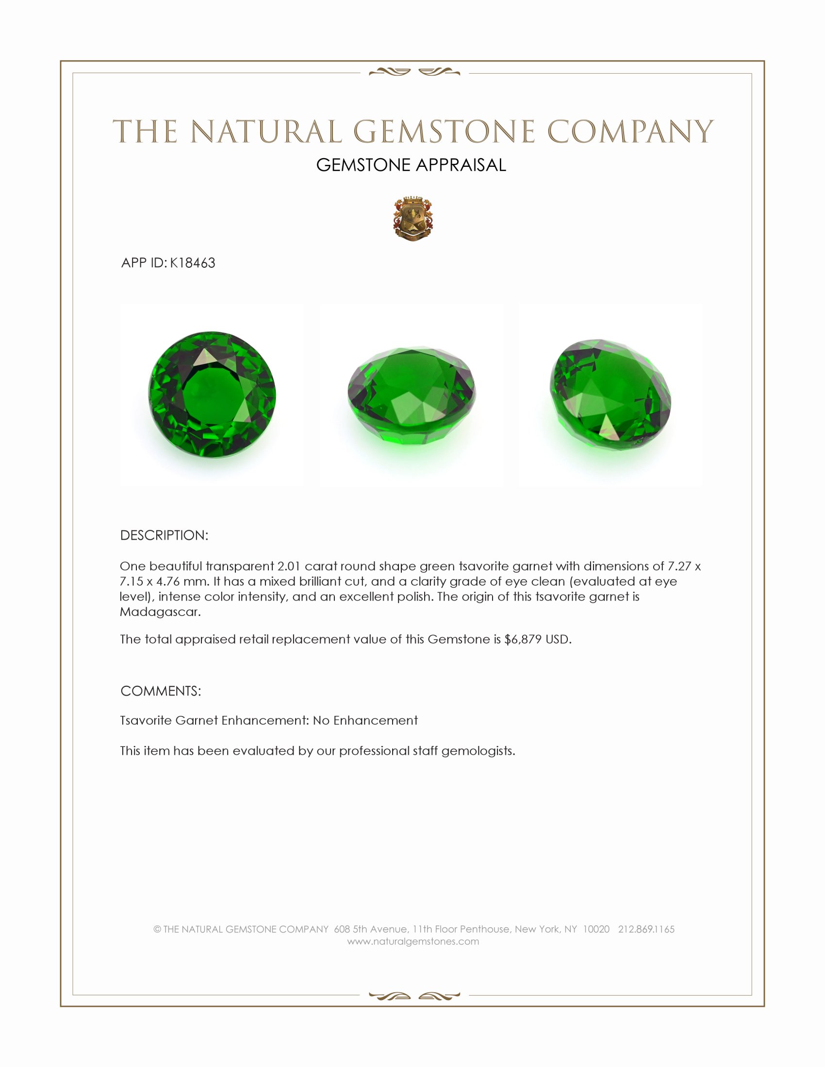 2.01 Ct. Tsavorite Garnet from Madagascar