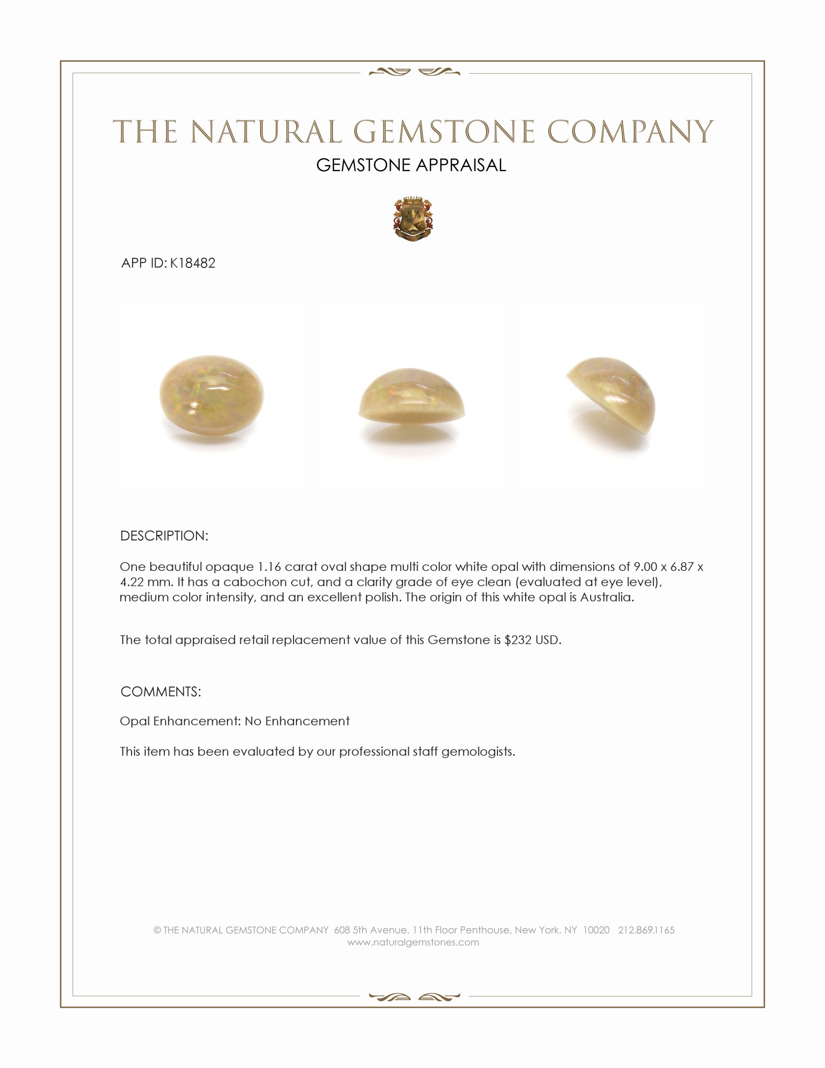 1.16 Ct. Cabochon White Opal from Australia