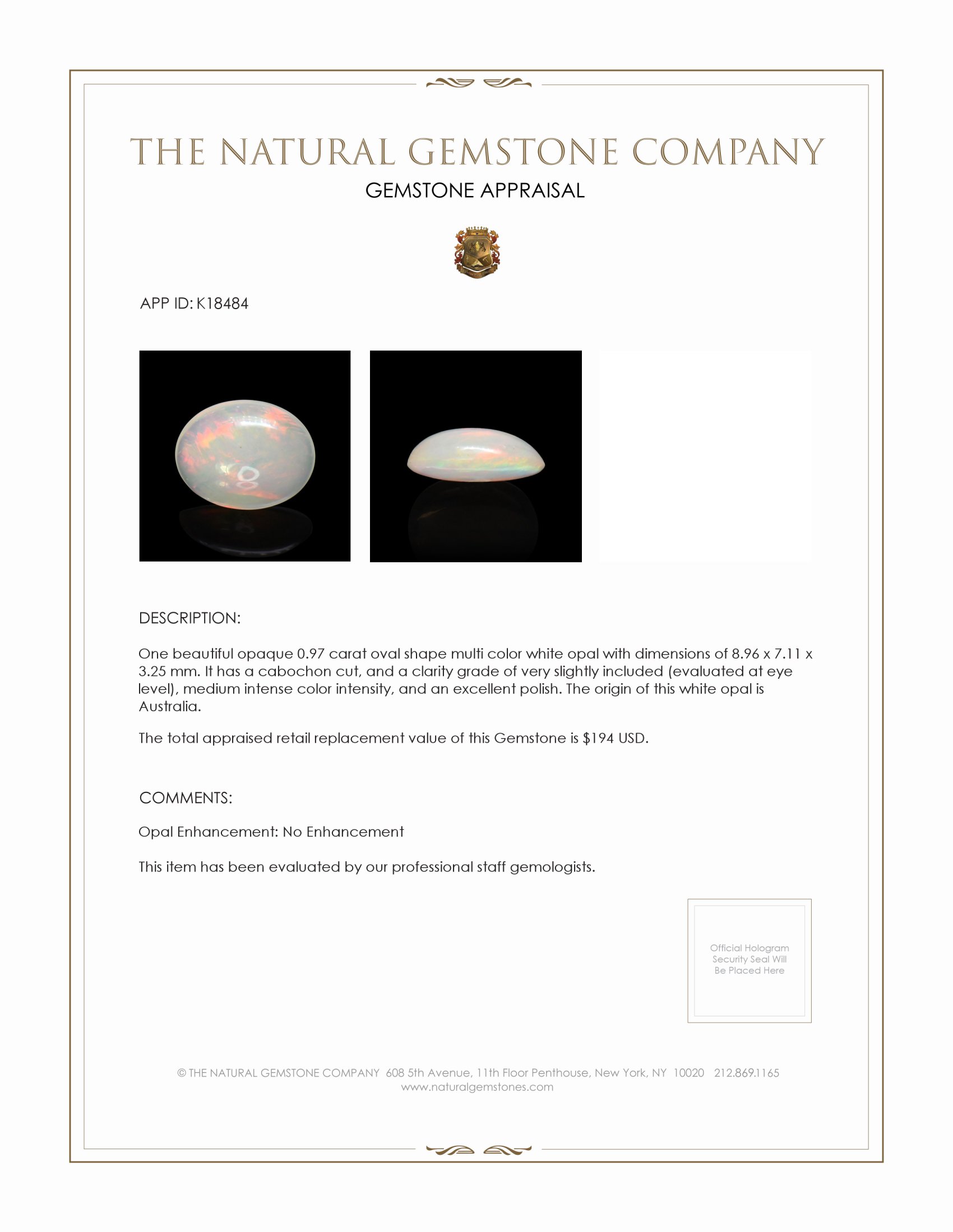 0.97 Ct. Cabochon White Opal from Australia