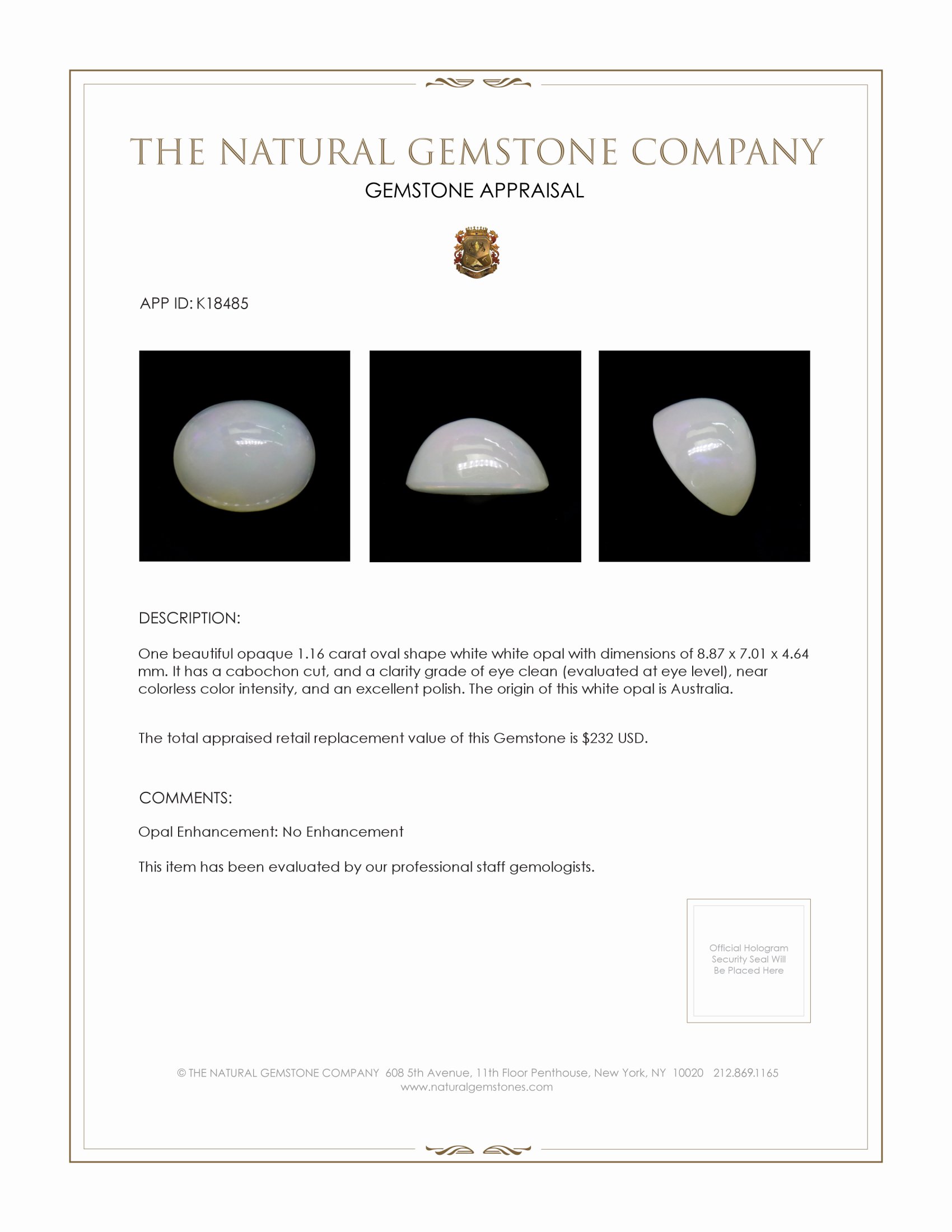 1.16 Ct. White Cabochon White Opal from Australia