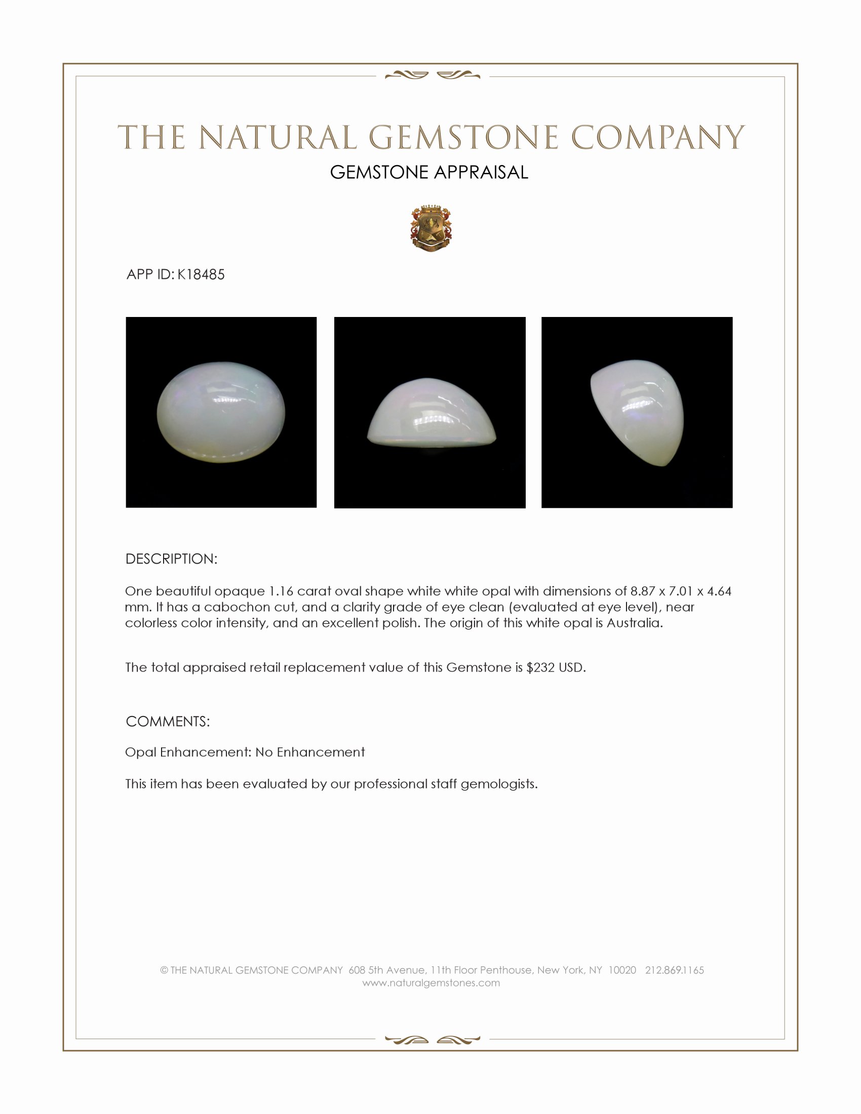 1.16 Ct. Cabochon White Opal from Australia