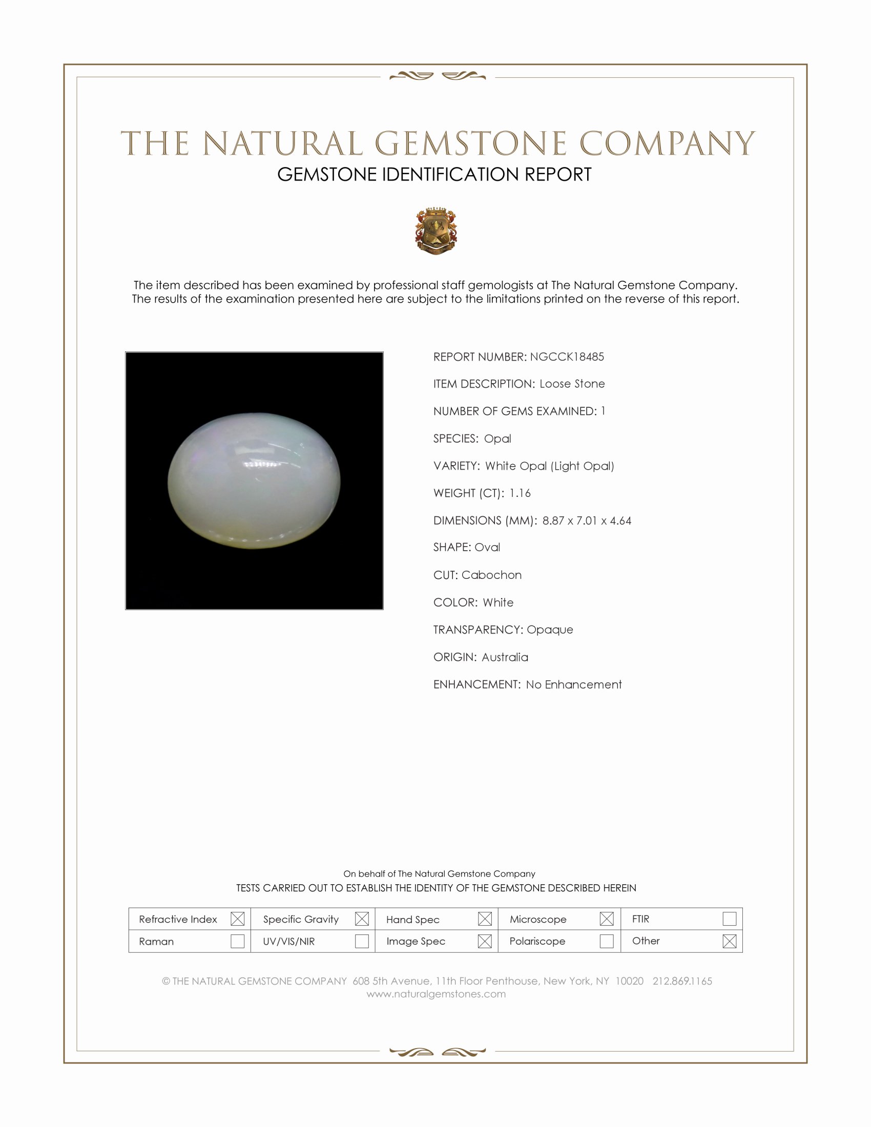 1.16 Ct. White Cabochon White Opal (Light Opal) from Australia