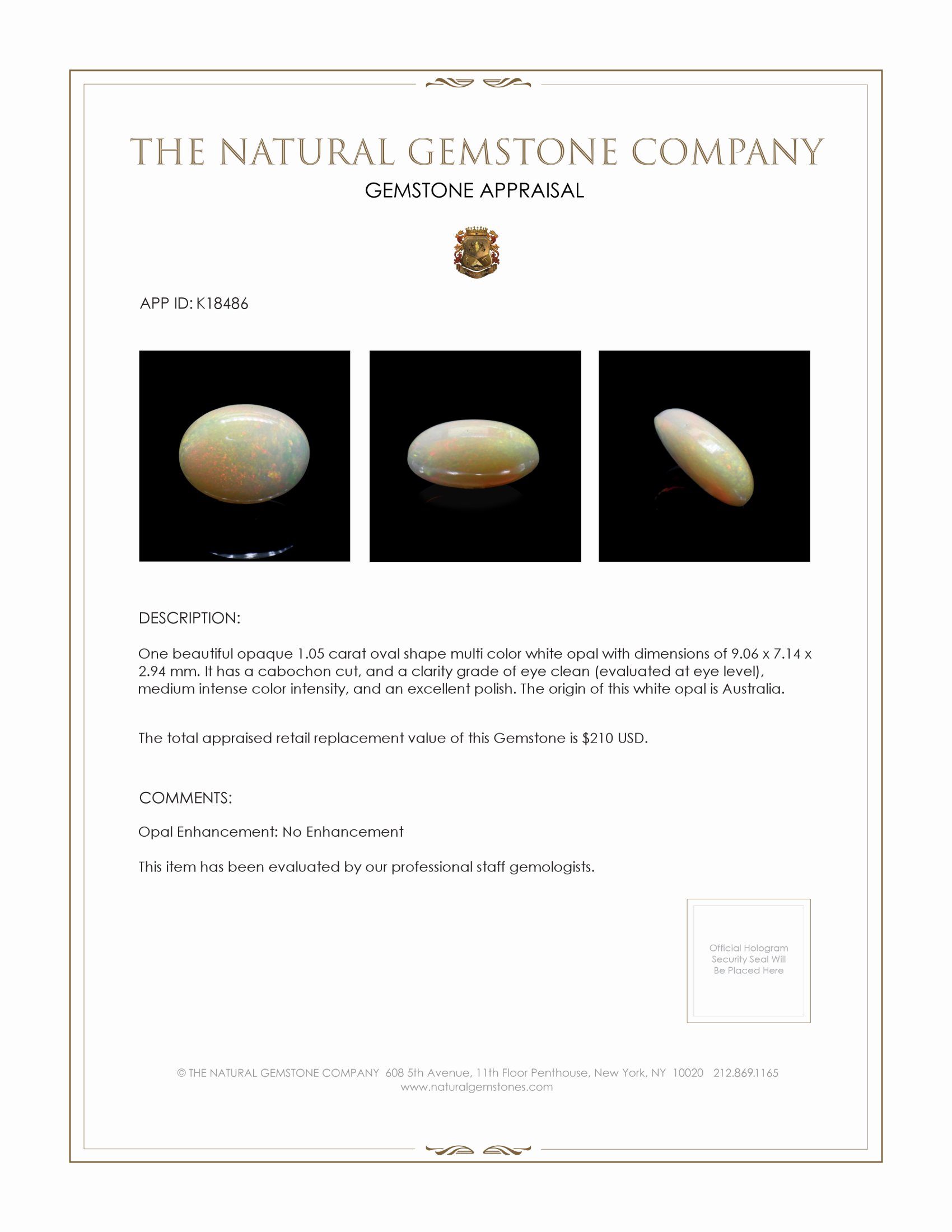 1.05 Ct. Multi Color Cabochon White Opal from Australia