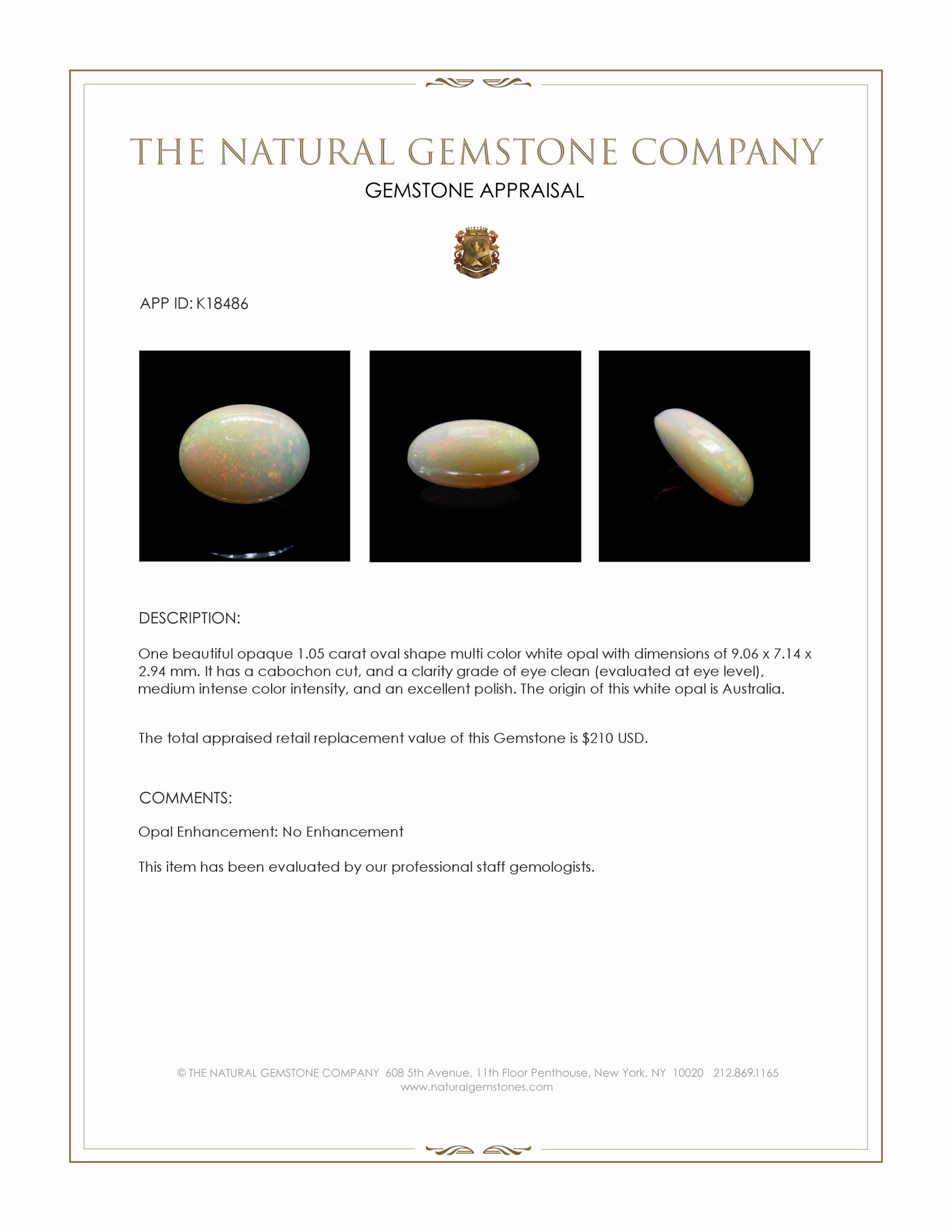 1.05 Ct. Cabochon White Opal from Australia