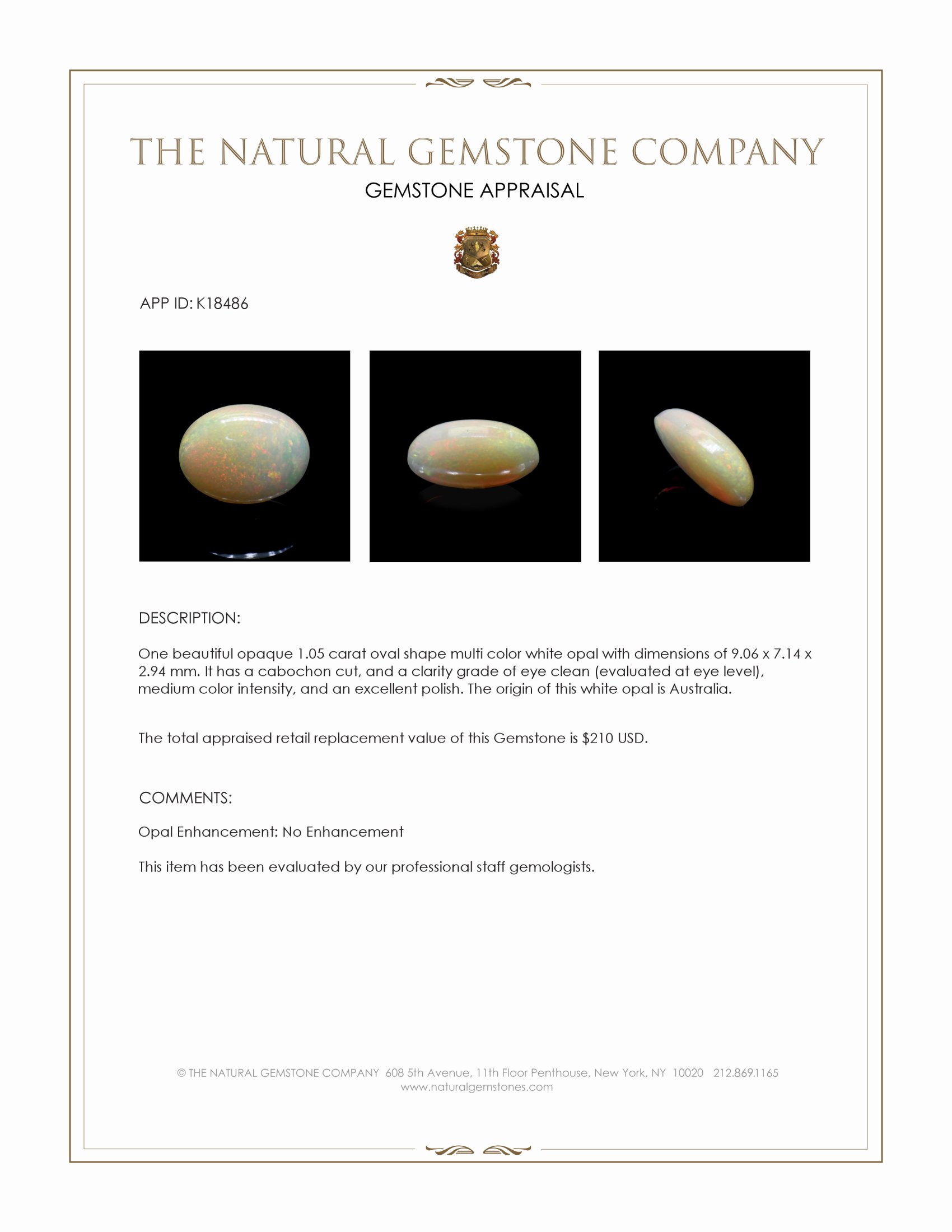 1.05 Ct. Cabochon White Opal from Australia