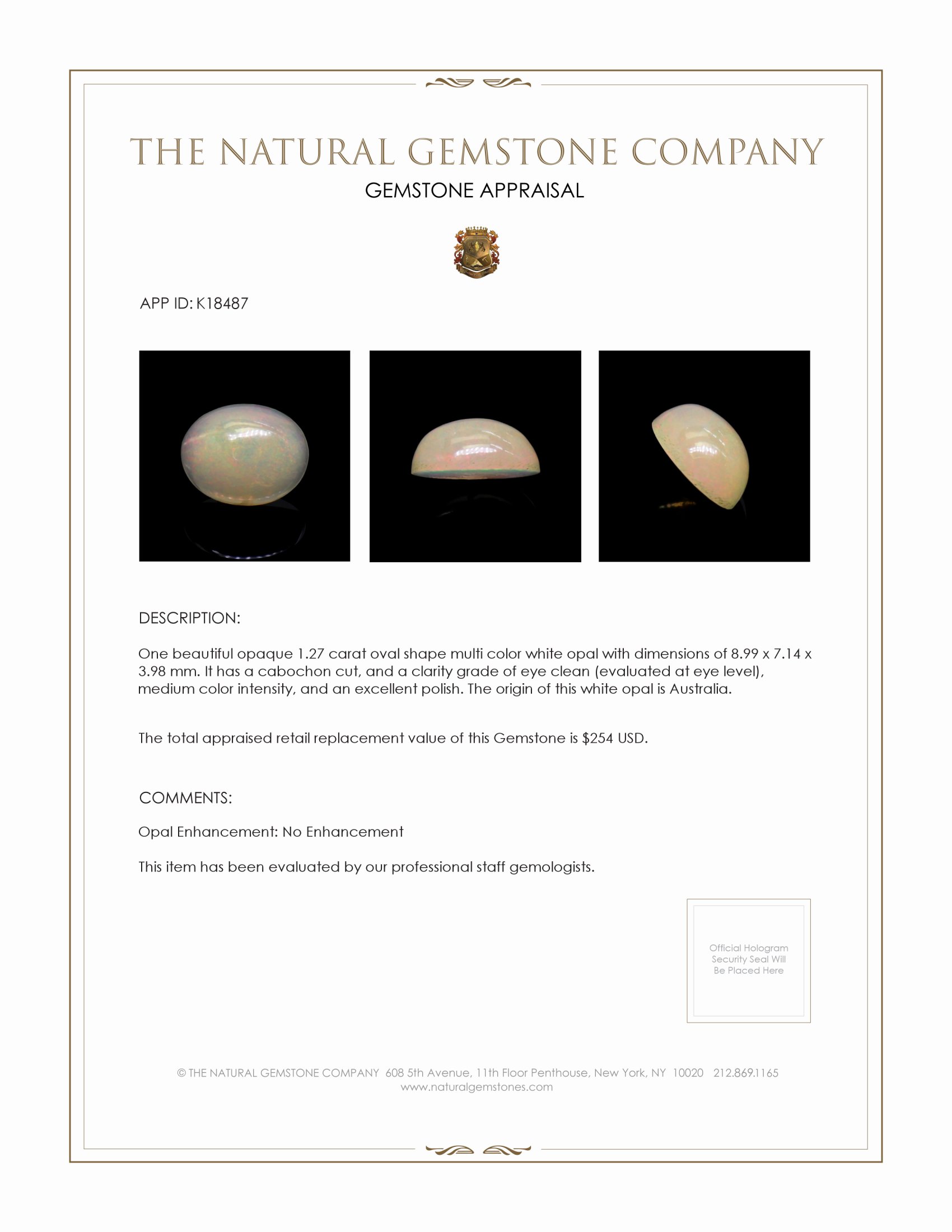 1.27 Ct. Multi Color Cabochon White Opal from Australia