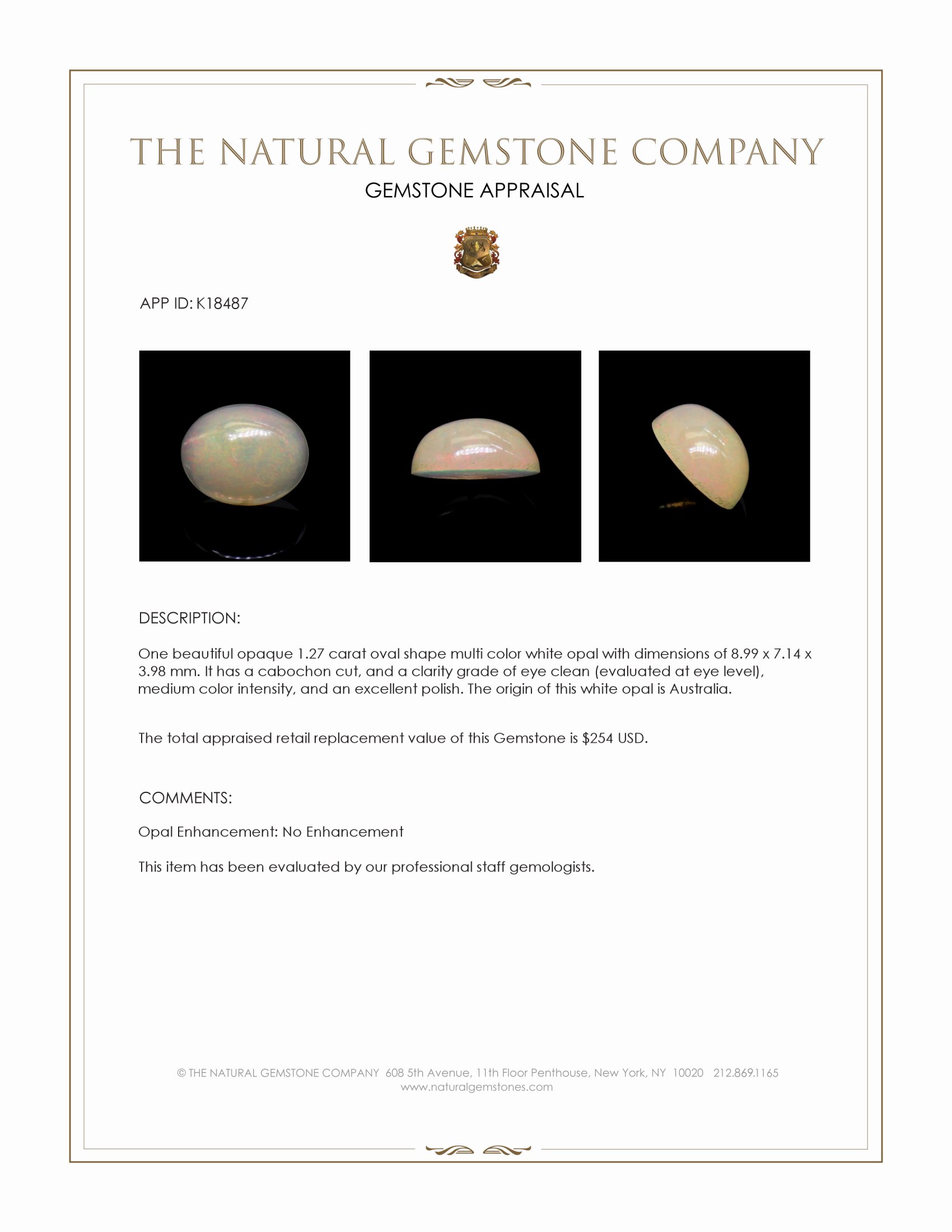 1.27 Ct. Cabochon White Opal from Australia