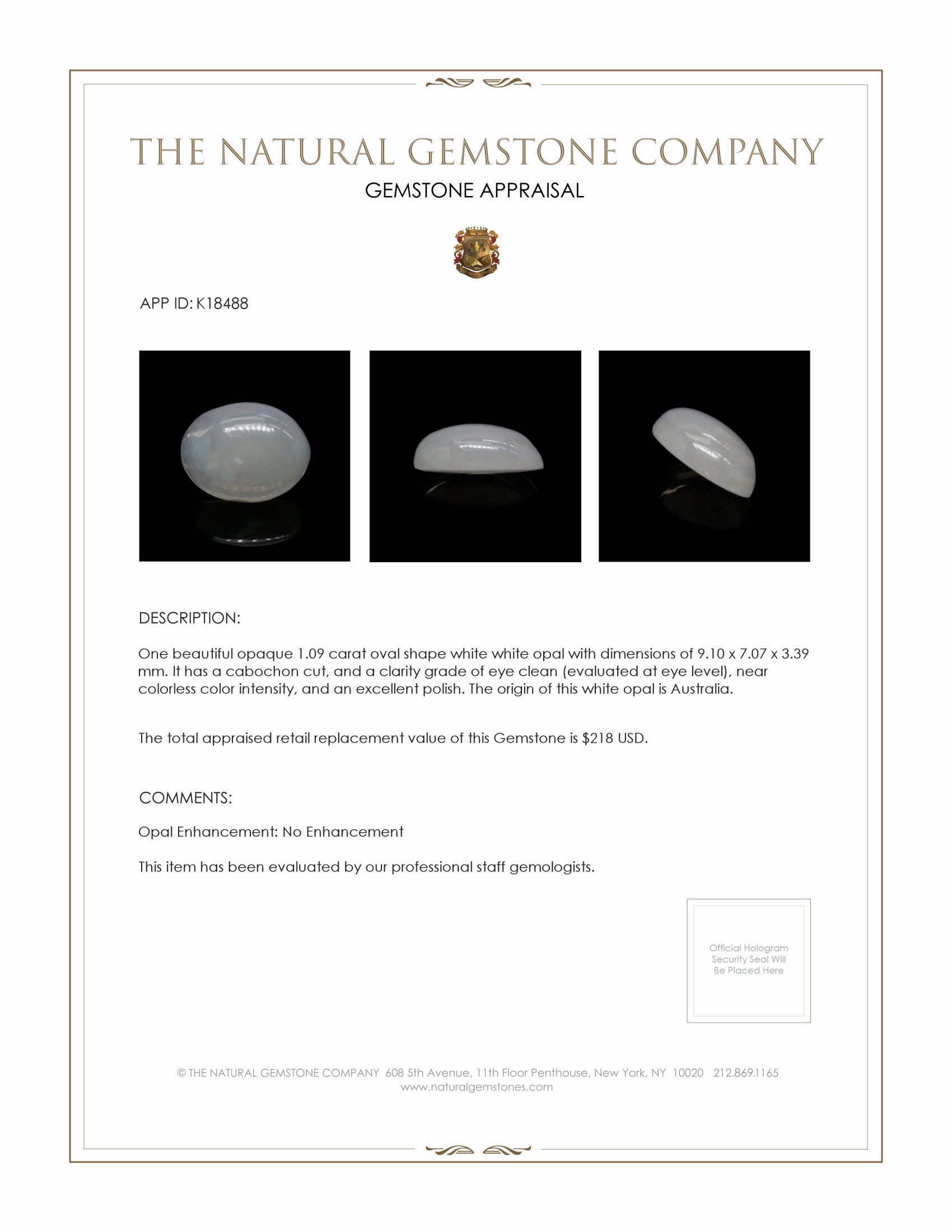 1.09 Ct. White Cabochon White Opal from Australia