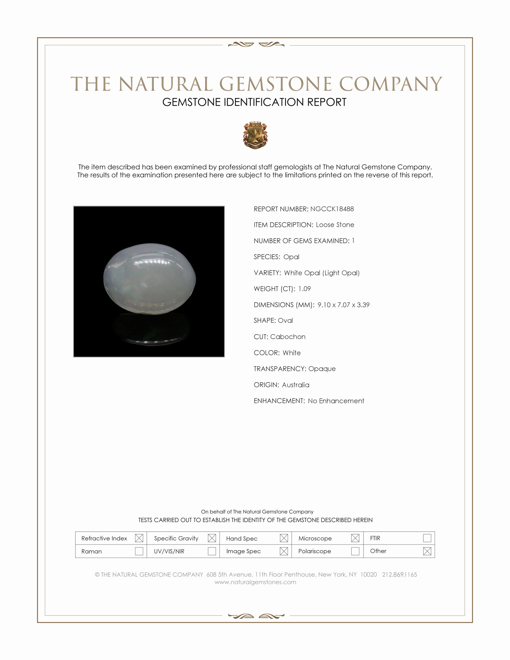 1.09 Ct. White Cabochon White Opal (Light Opal) from Australia
