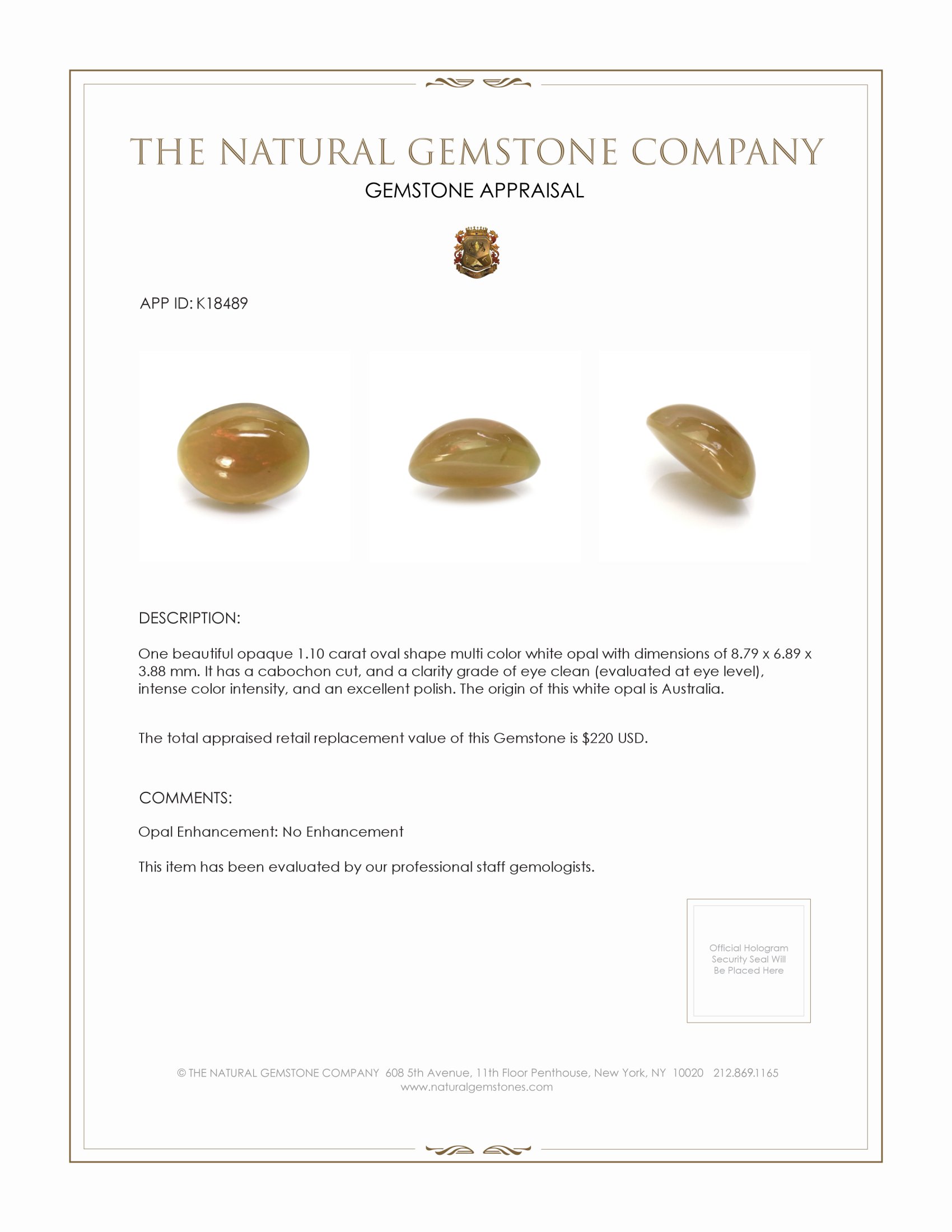 1.10 Ct. Cabochon White Opal from Australia