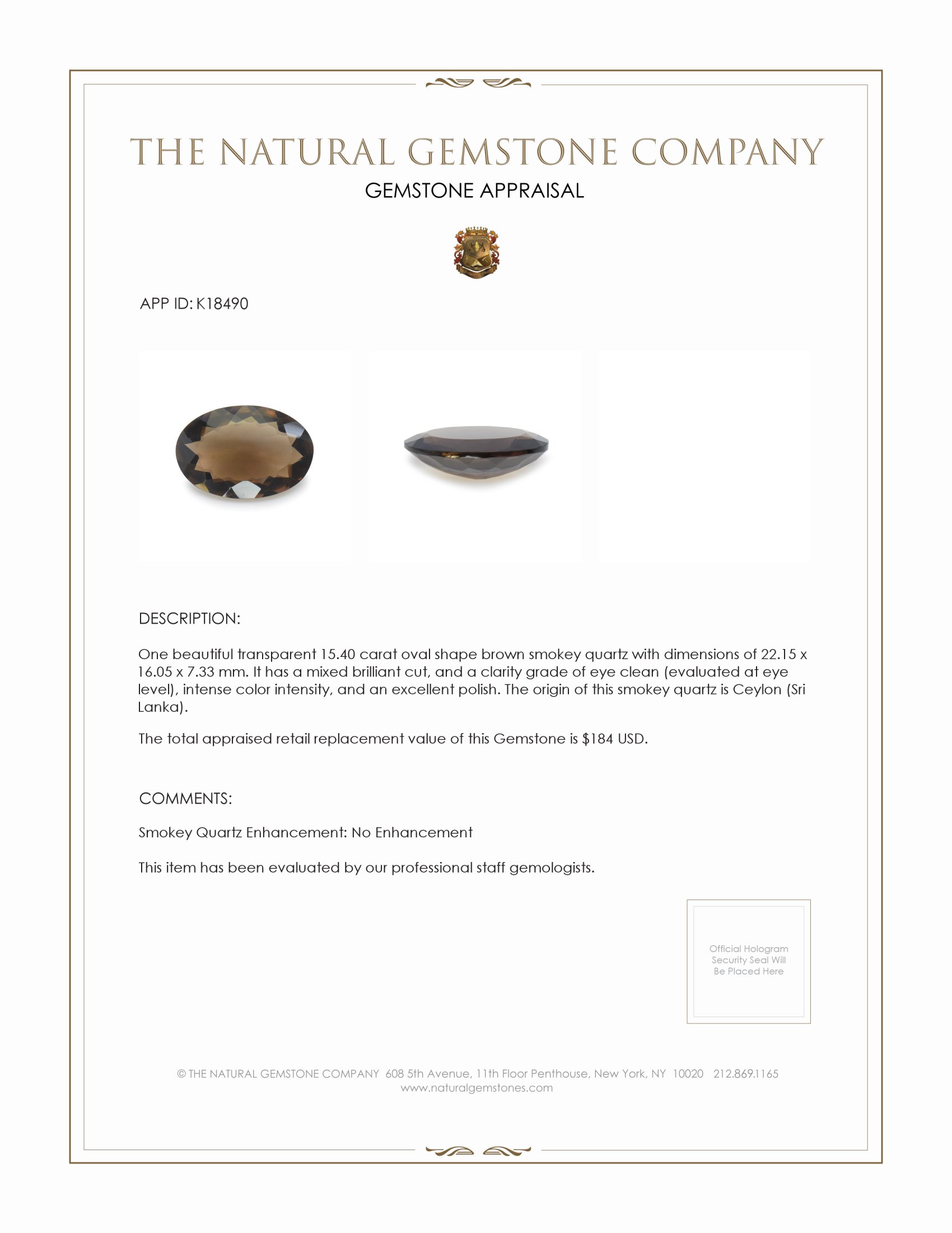 15.40 Ct. Smokey Quartz from Ceylon (Sri Lanka)