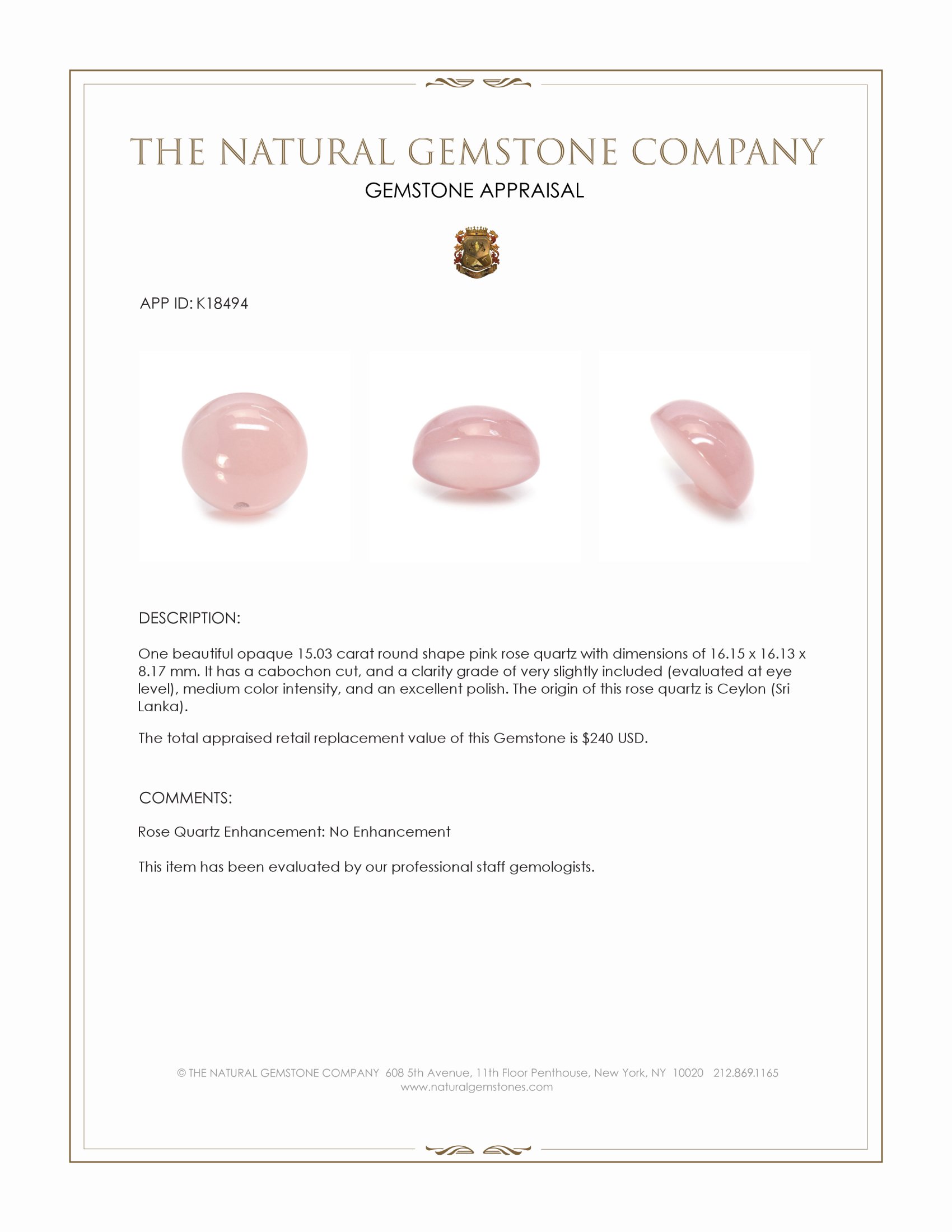 15.03 Ct. Cabochon Rose Quartz from Ceylon (Sri Lanka)