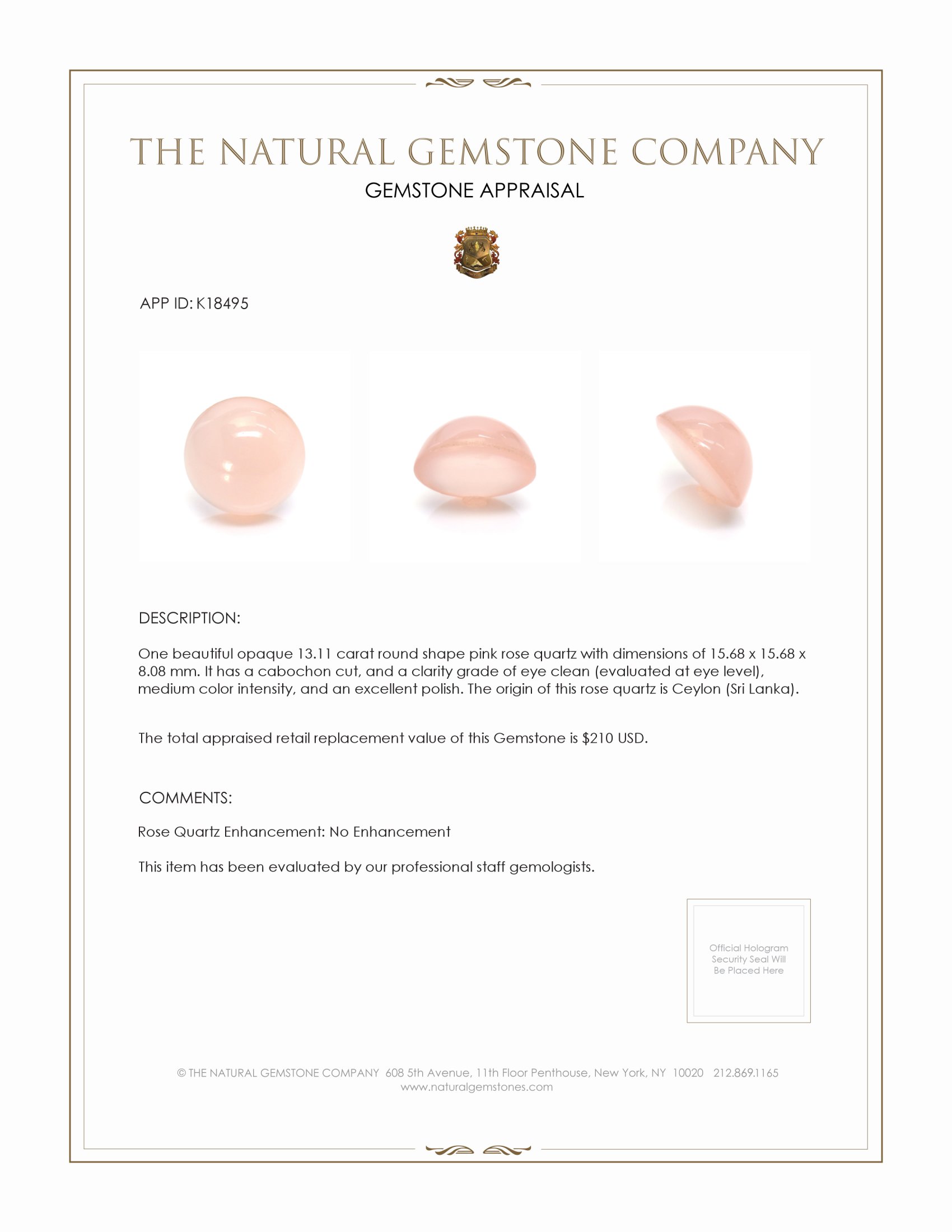 13.11 Ct. Pink Cabochon Rose Quartz from Ceylon (Sri Lanka)