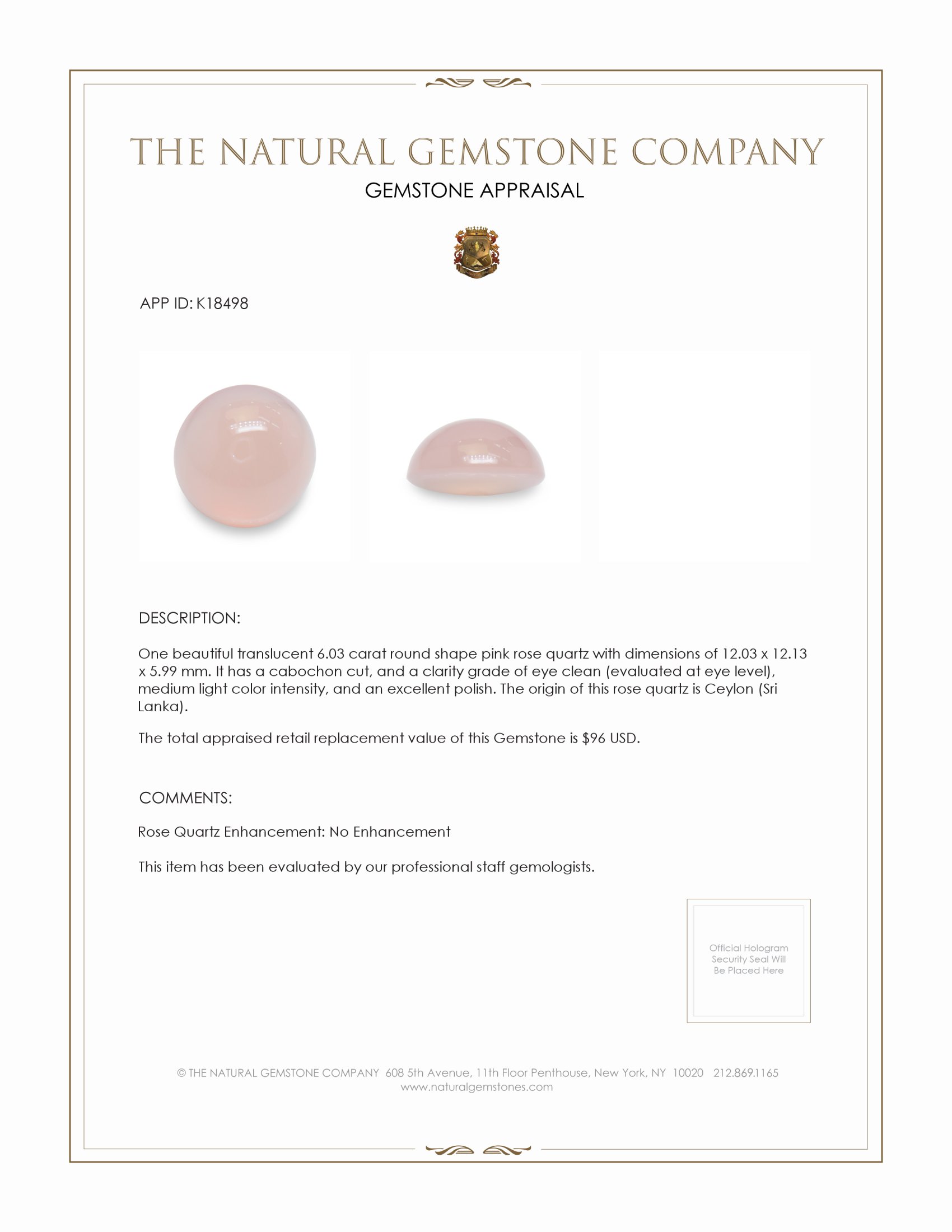 6.03 Ct. Cabochon Rose Quartz from Ceylon (Sri Lanka)