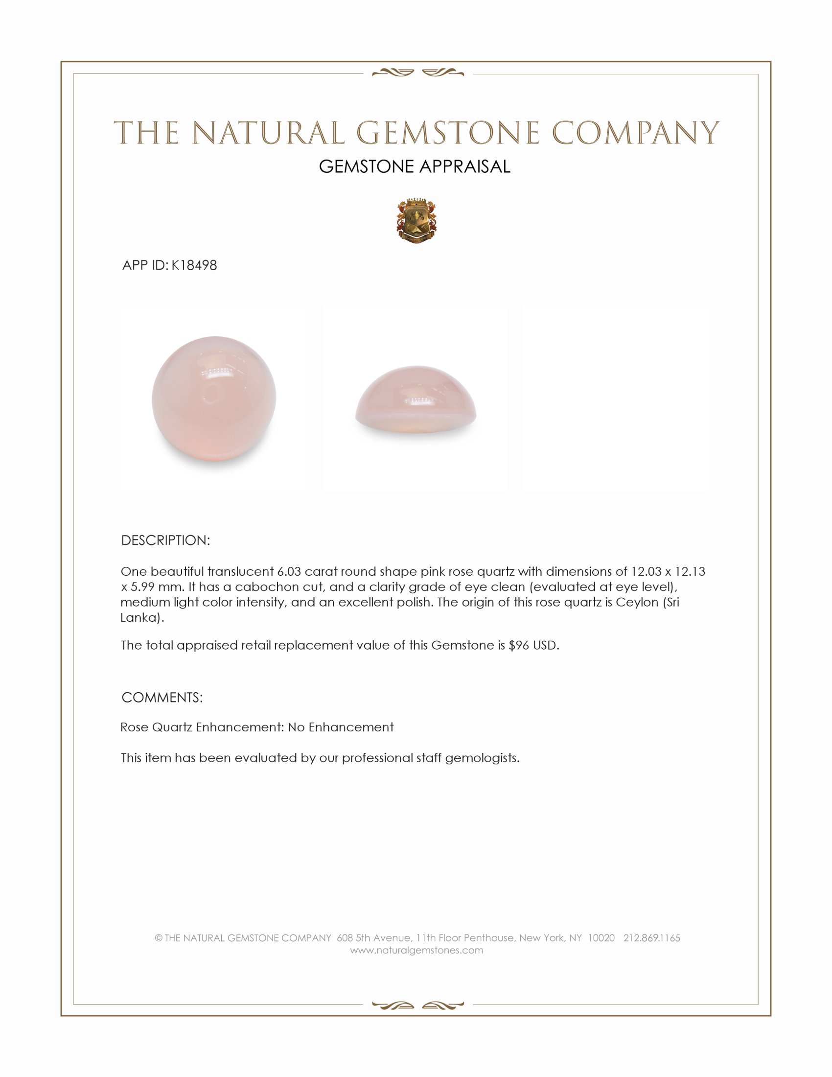 6.03 Ct. Cabochon Rose Quartz from Ceylon (Sri Lanka)