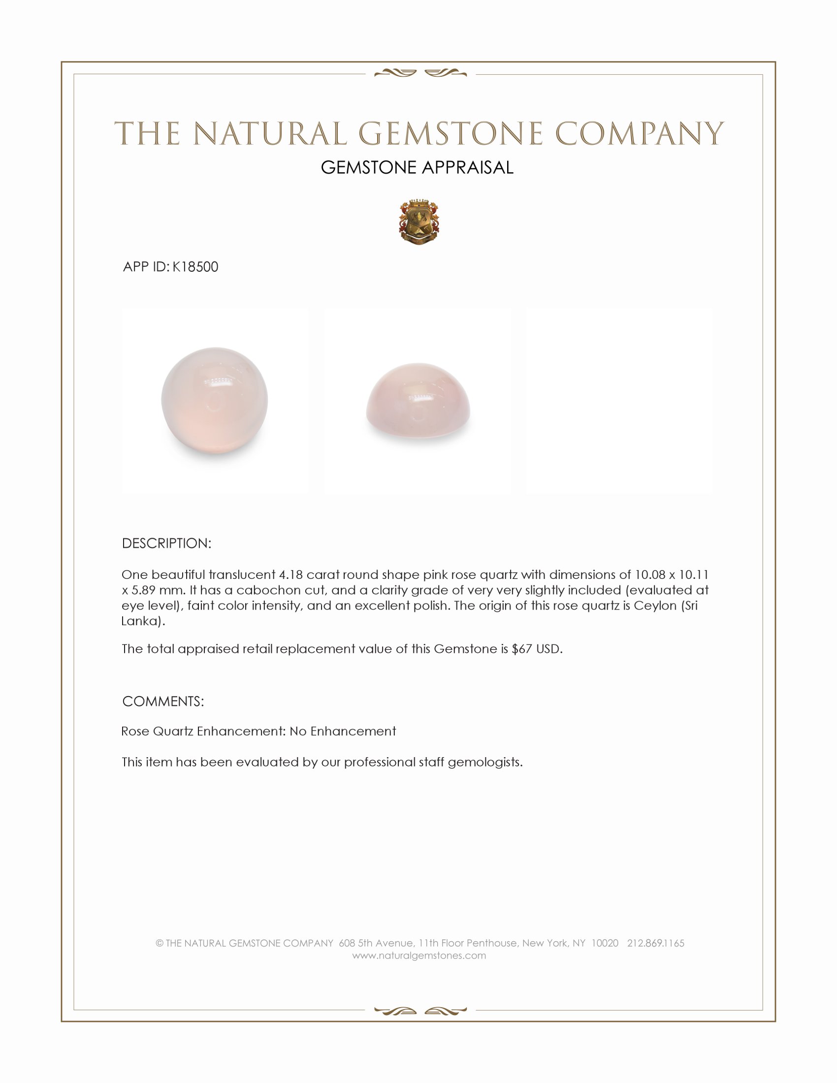 4.18 Ct. Cabochon Rose Quartz from Ceylon (Sri Lanka)