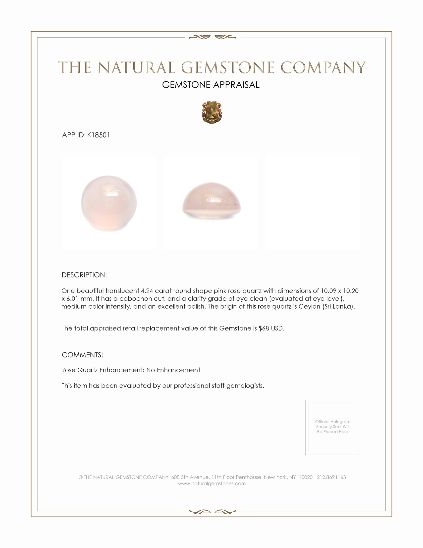 4.24 Ct. Pink Cabochon Rose Quartz from Ceylon (Sri Lanka)