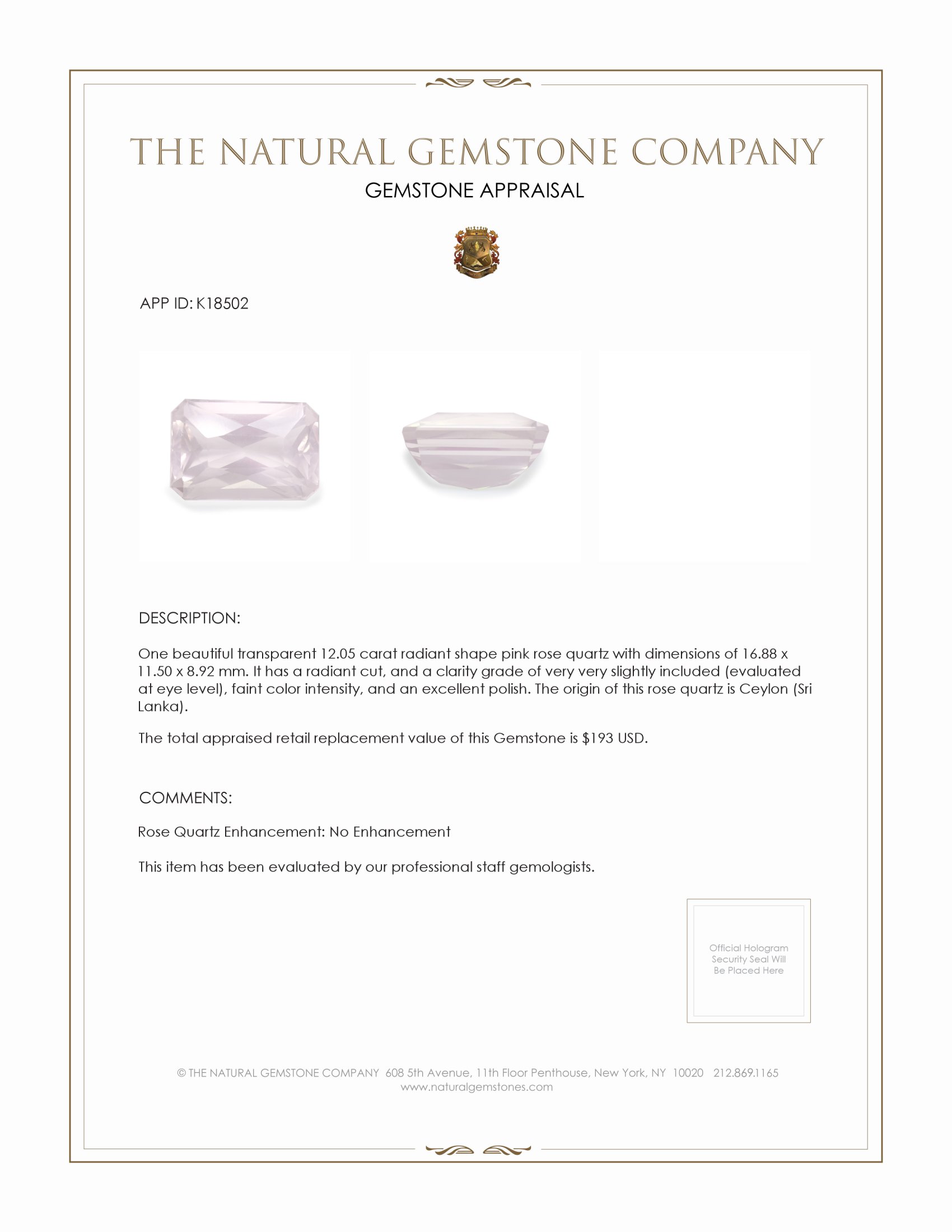 12.05 Ct. Rose Quartz from Ceylon (Sri Lanka)