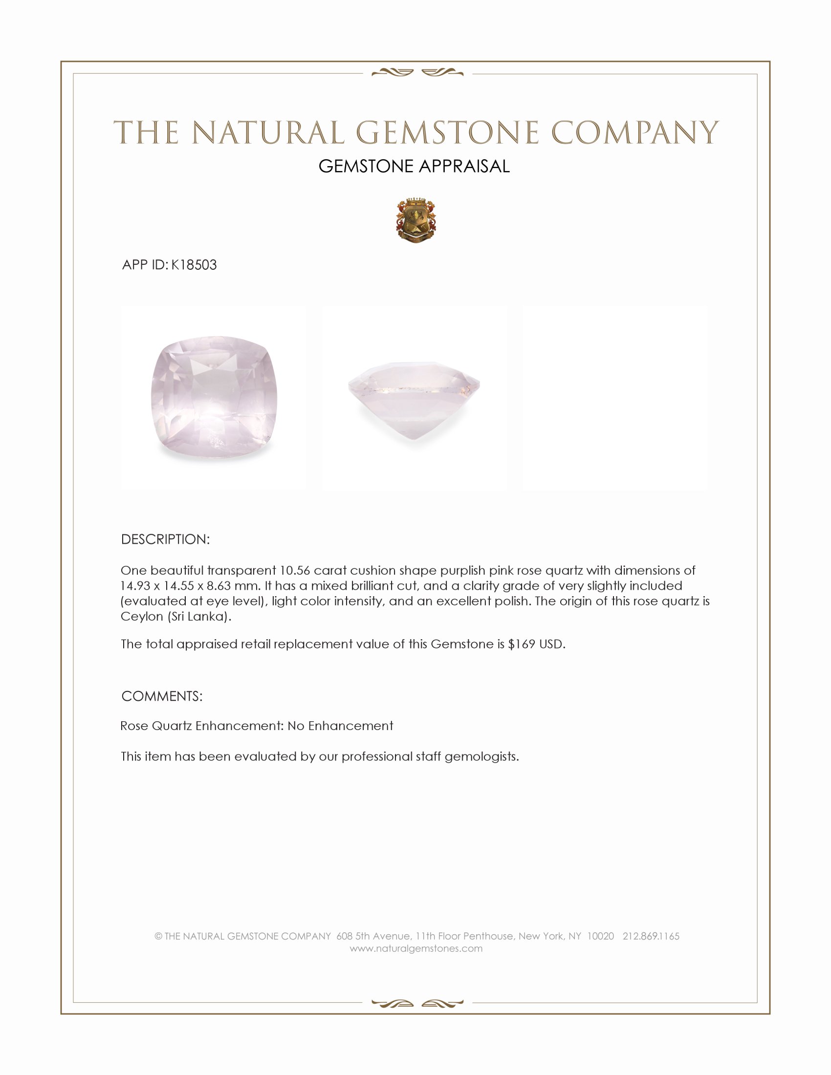 10.56 Ct. Rose Quartz from Ceylon (Sri Lanka)