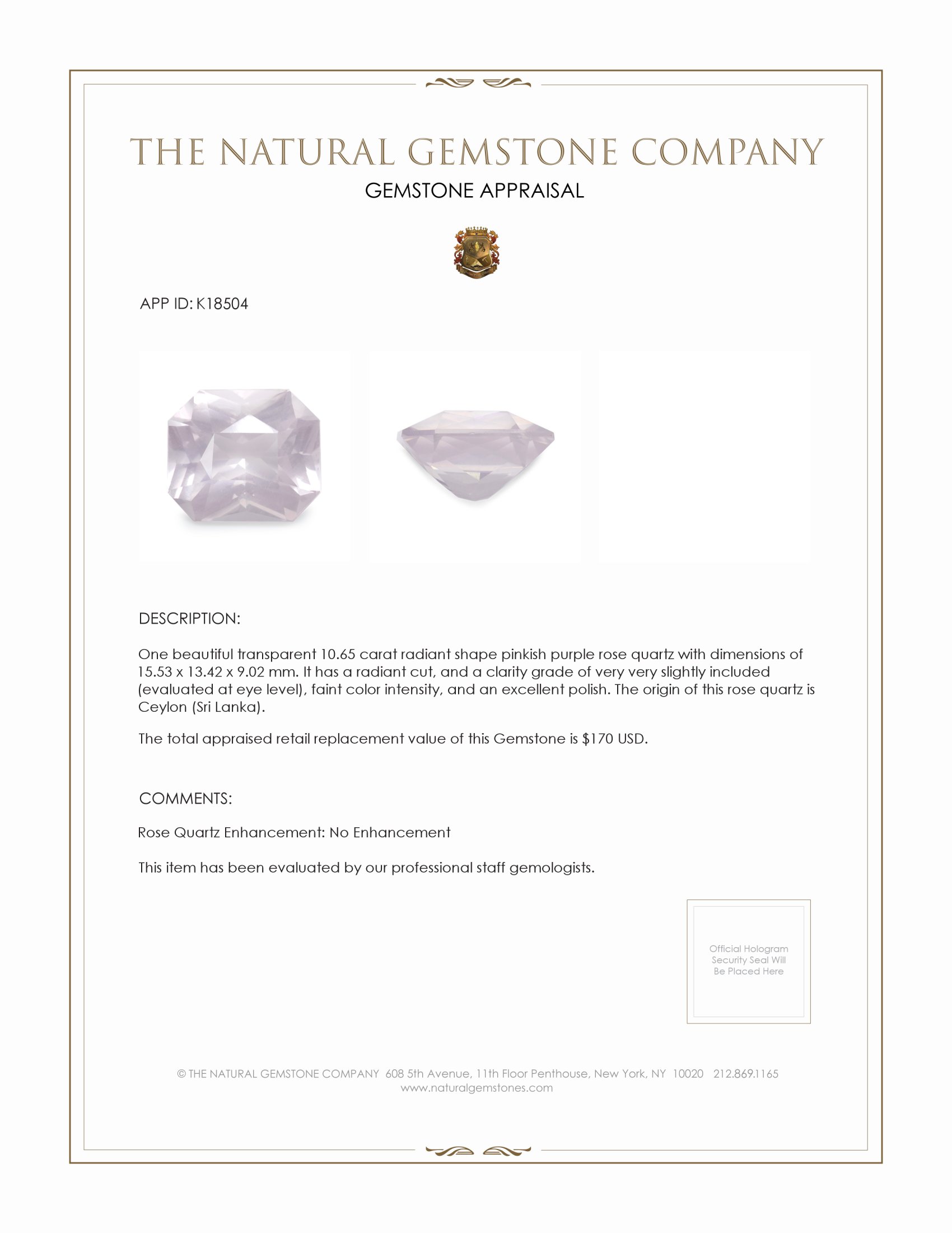 10.65 Ct. Pinkish Purple Rose Quartz from Ceylon (Sri Lanka)