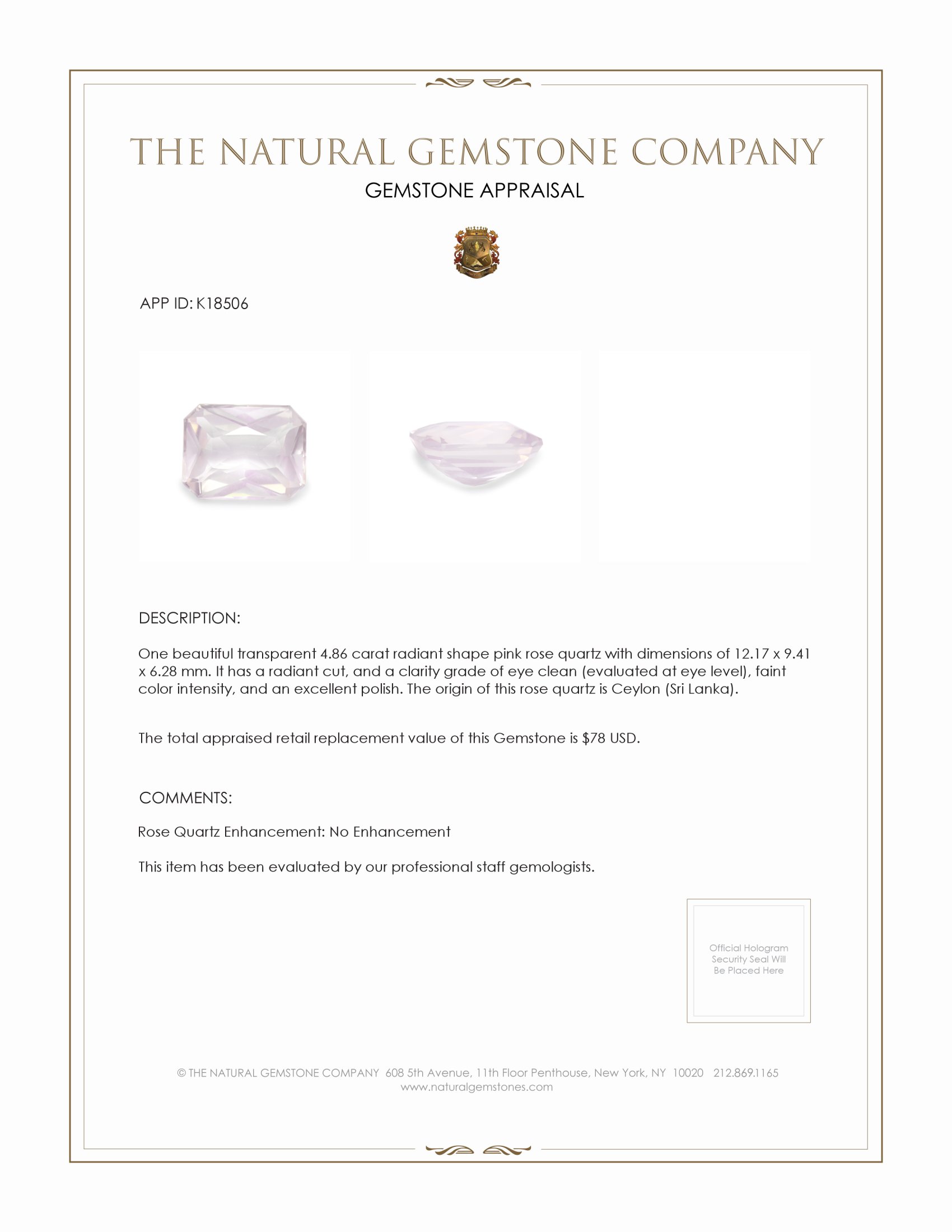 4.86 Ct. Rose Quartz from Ceylon (Sri Lanka)